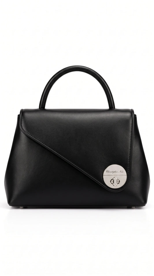 Christopher Noir Winslow black leather top-handle handbag with diagonal asymmetric flap