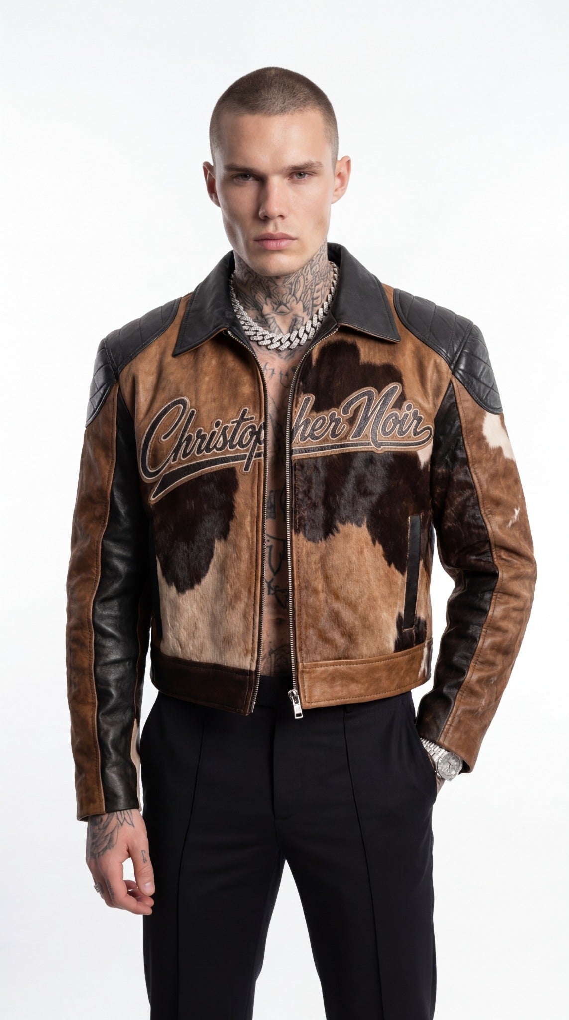 Men's cropped cowhide leather jacket with quilted shoulder panels — CNOIR