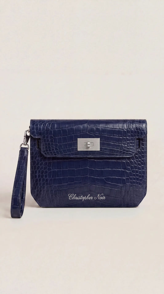 Noir-Croc Men's Wristlet Clutch Bag - Navy