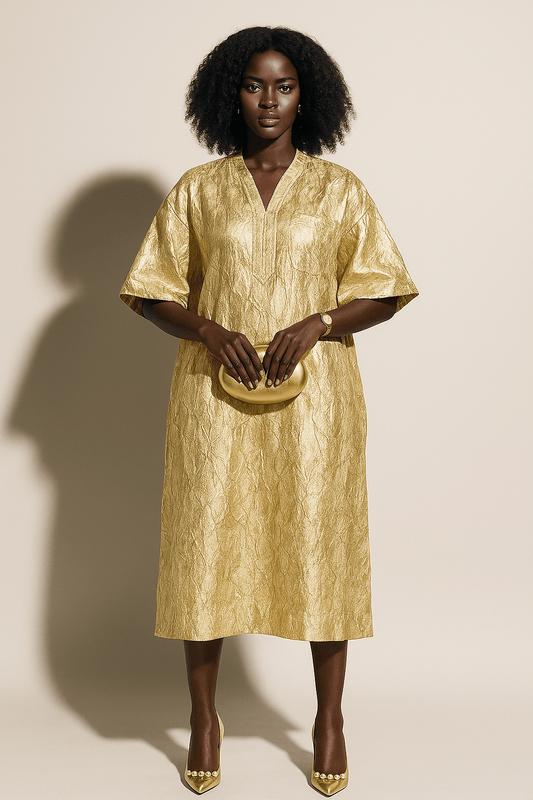 Cream White and Gold Stripes African Damask Bubu Boubou African Elegant Event Dress - CNOIR