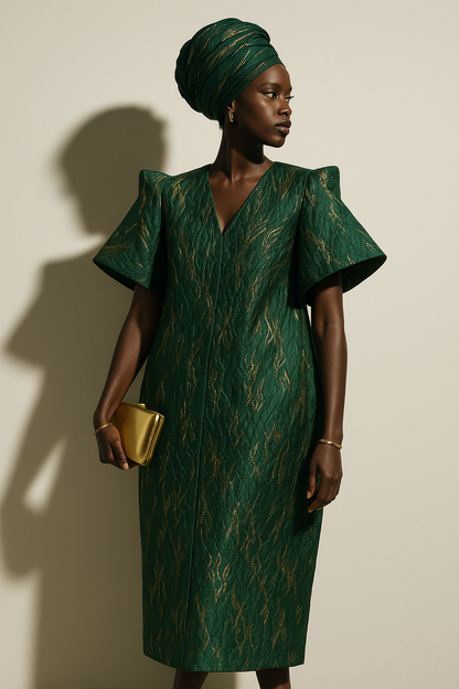 Royal Green and Gold African Damask Bubu Boubou Elegant Event Dress
