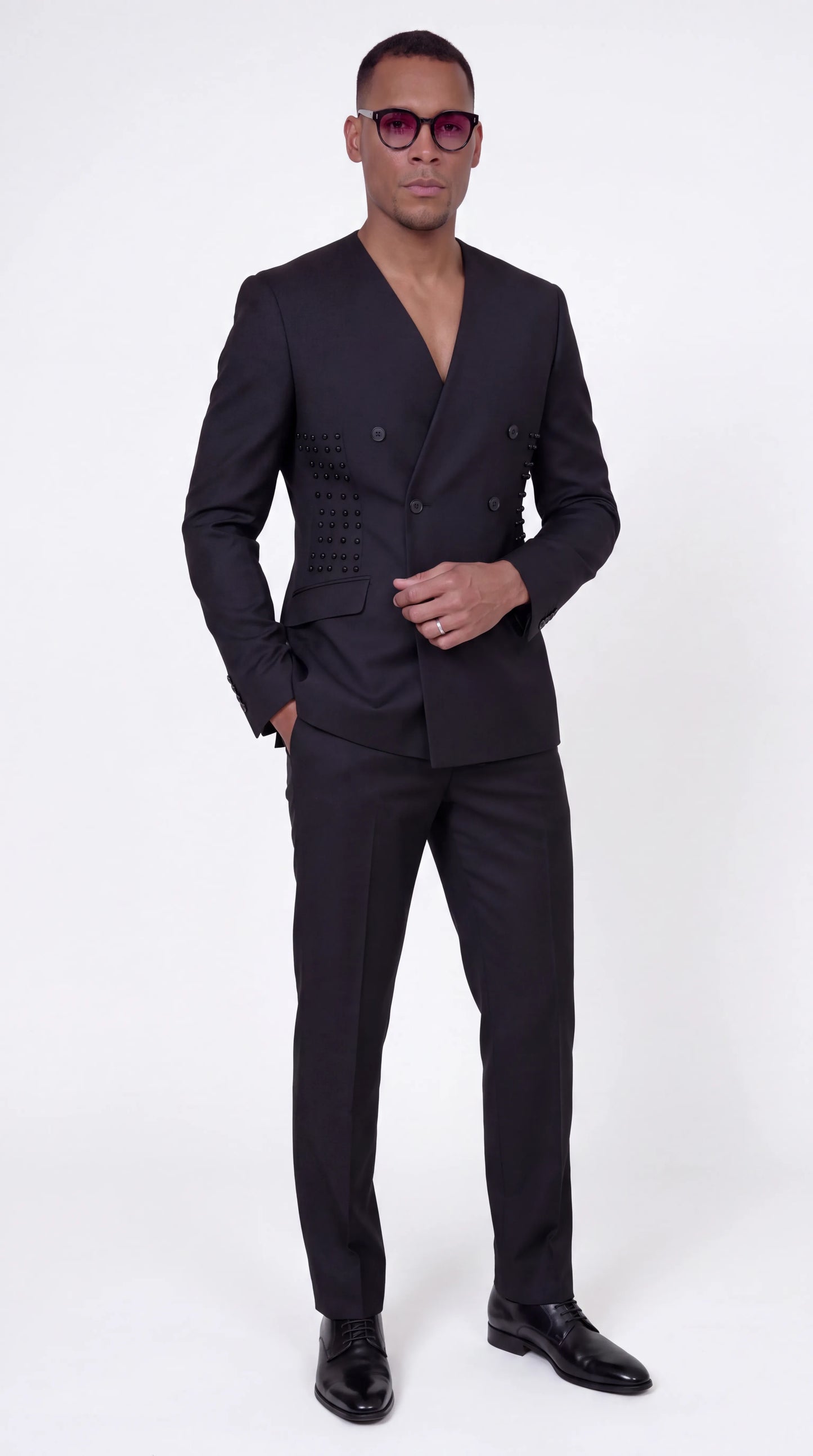 The Noir Eclipse Suit — Collarless V-Neck Suit