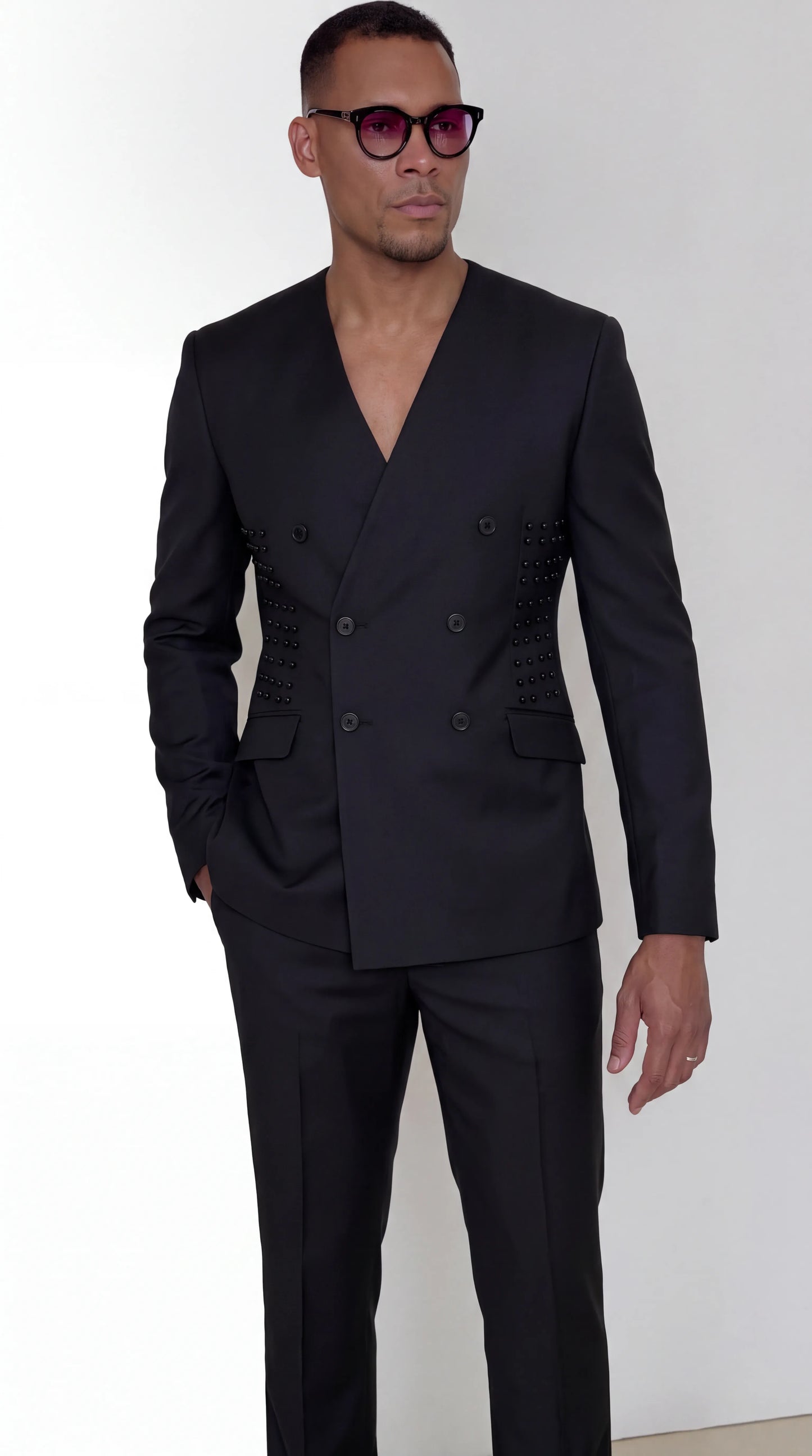 The Noir Eclipse Suit — Collarless V-Neck Suit