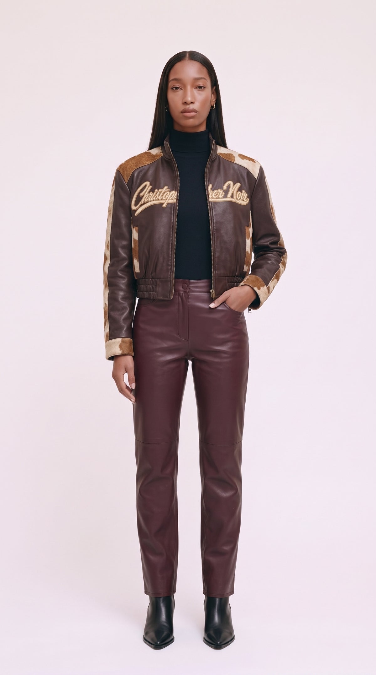 The Espresso — Brown Cowhide Racer Jacket (Unisex) – on model, Christopher Noir