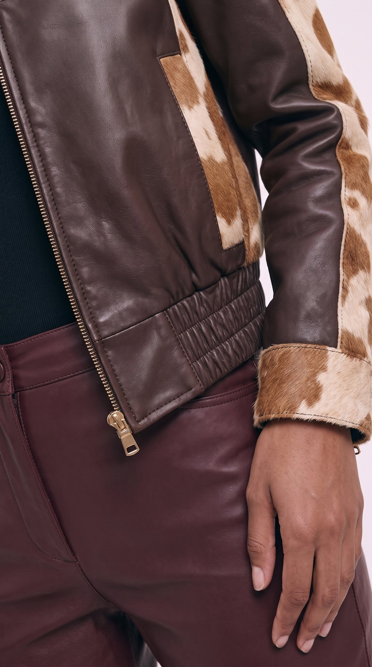 The Espresso — Brown Cowhide Racer Jacket (Unisex) – detail close-up, Christopher Noir