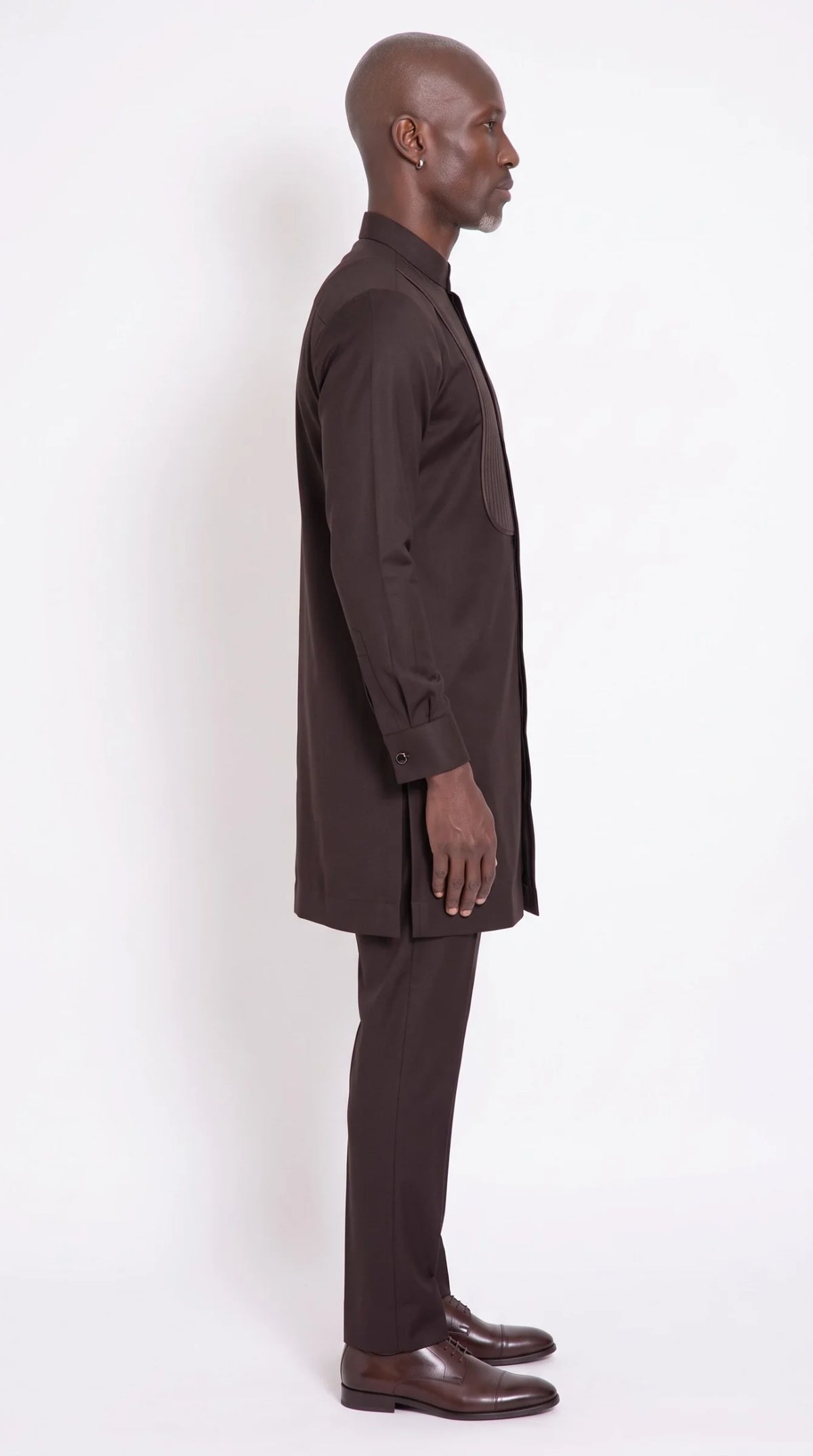 Espresso Pleated-Bib Kaftan Set — side profile view