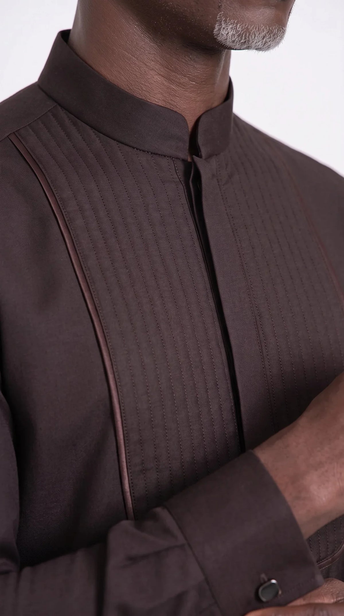 Espresso Pleated-Bib Kaftan Set — neckline and front detail