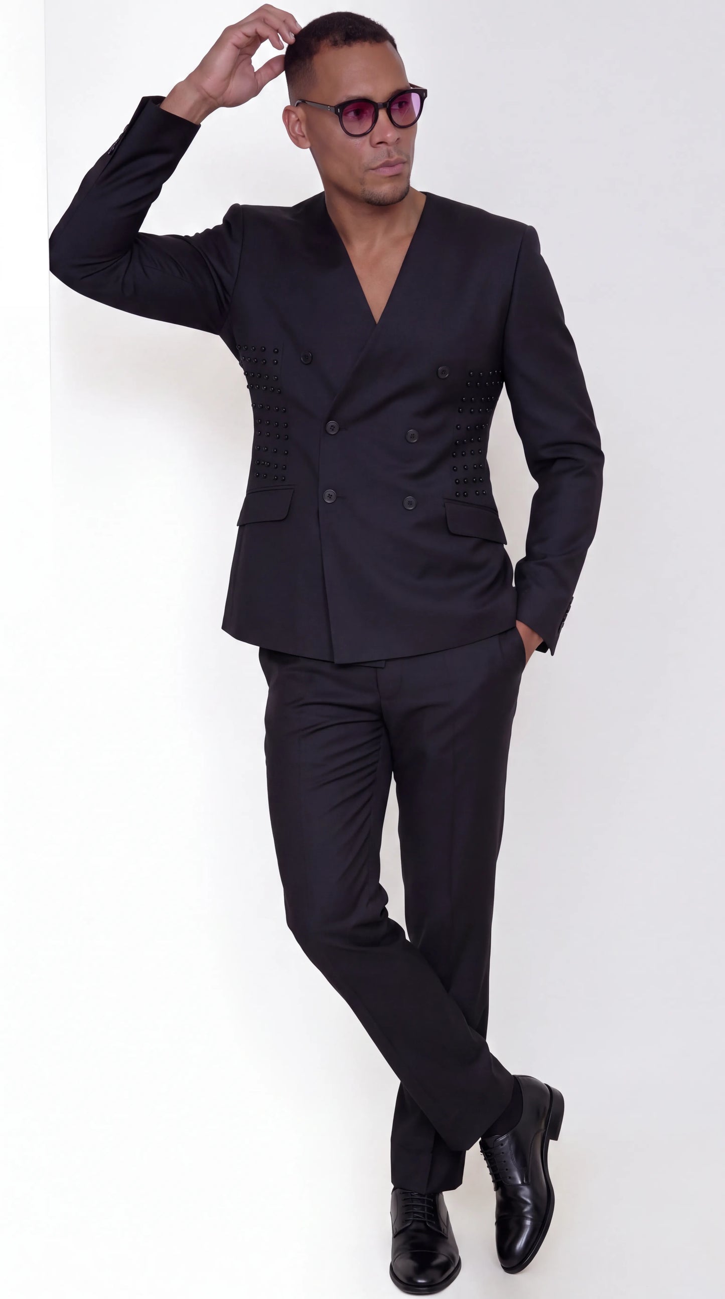 The Noir Eclipse Suit — Collarless V-Neck Suit