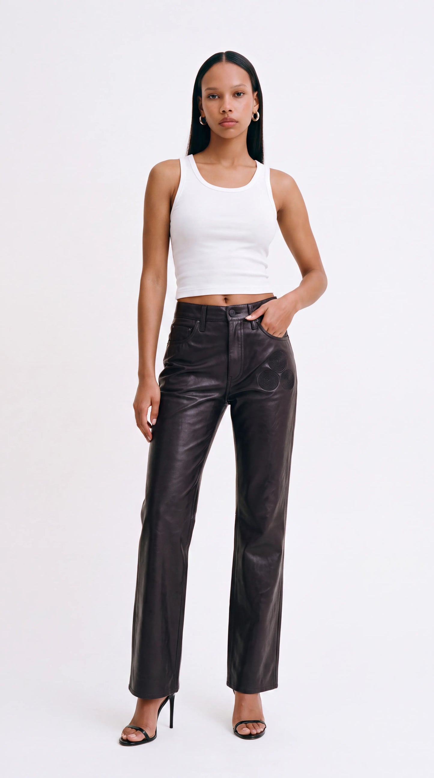 The Noir Flare — Spiral-Embroidered Leather Wide-Leg Jeans (Unisex)