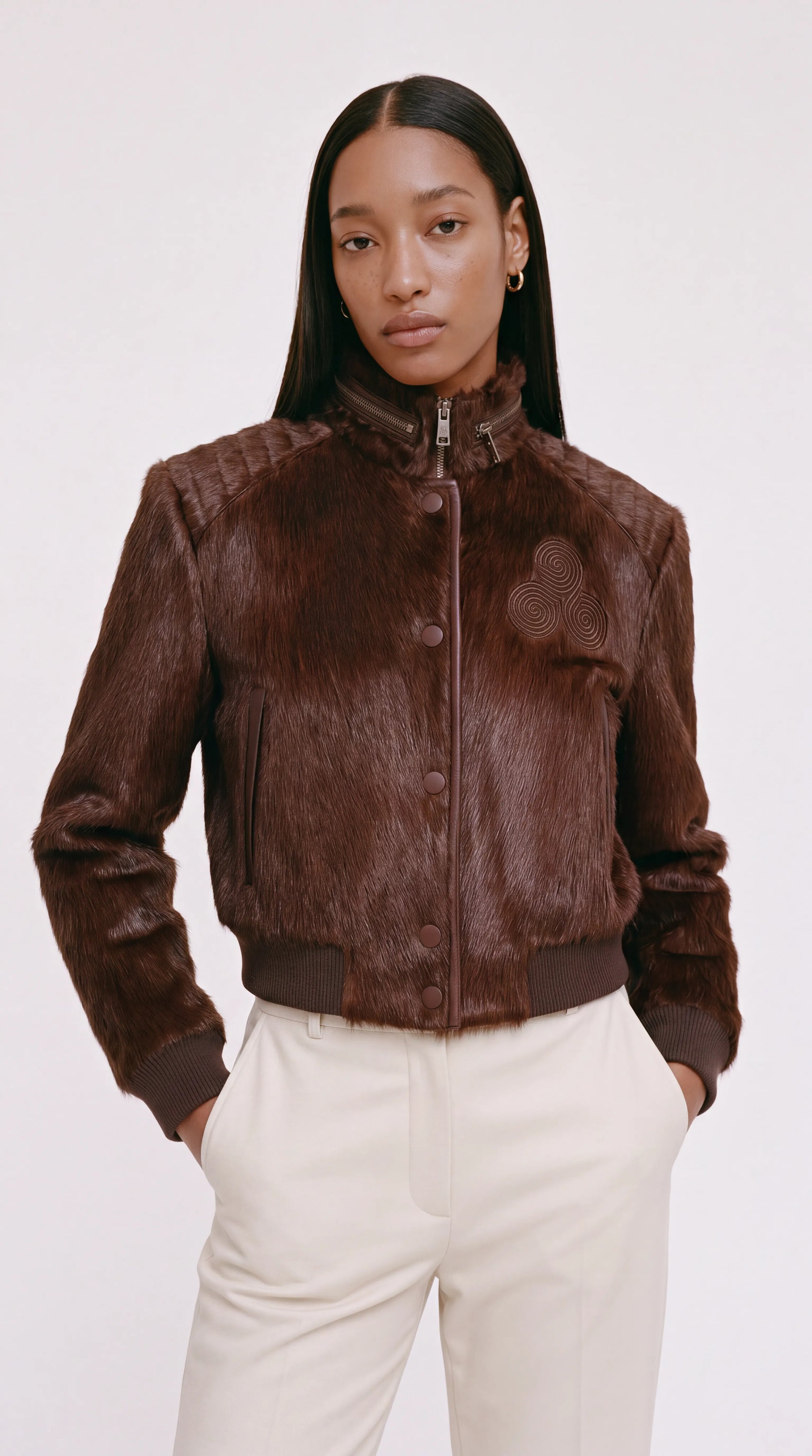 CNOIR Reverie Bomber — Pony-Hair Cowhide Leather Jacket (Unisex) — Coffee