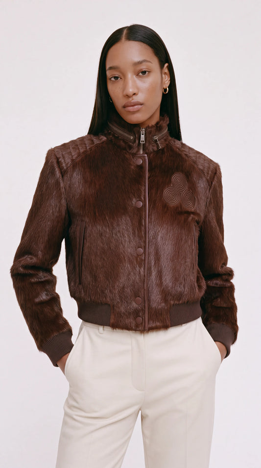 CNOIR Reverie Bomber — Pony-Hair Cowhide Leather Jacket (Unisex) — Coffee