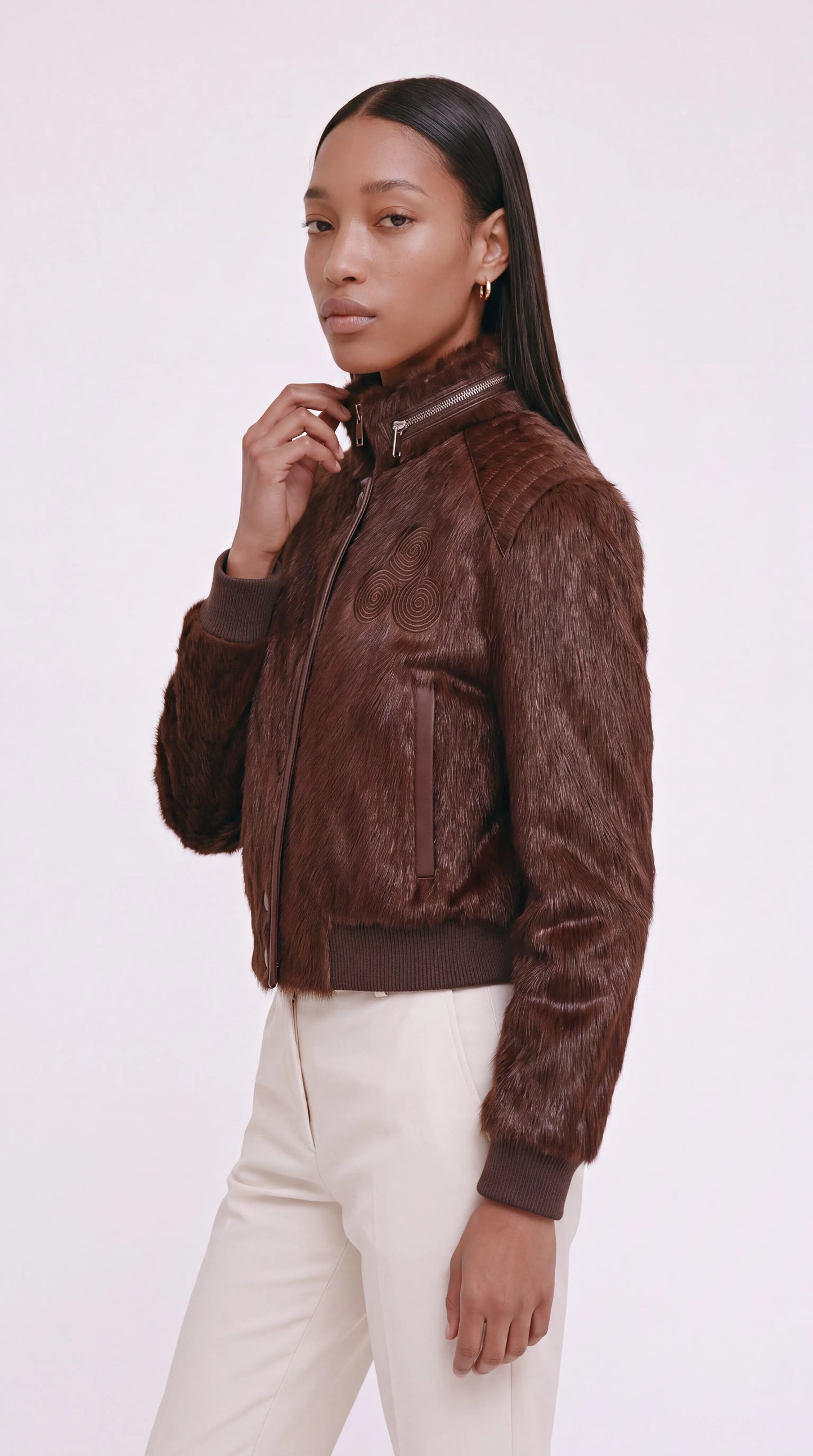 CNOIR Reverie Bomber — Pony-Hair Cowhide Leather Jacket (Unisex) — Coffee, view 3