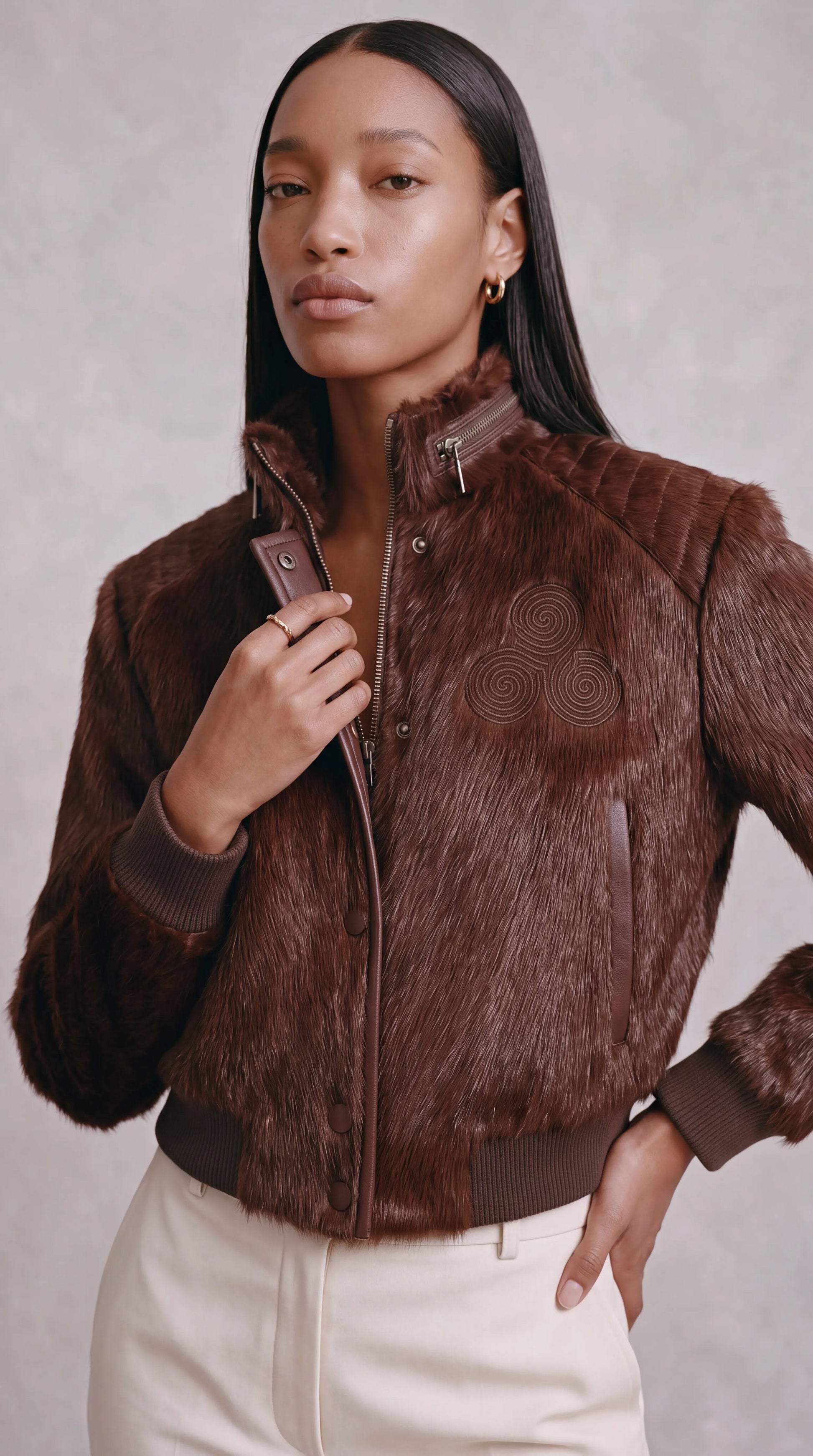 CNOIR Reverie Bomber — Pony-Hair Cowhide Leather Jacket (Unisex) — Coffee, view 4
