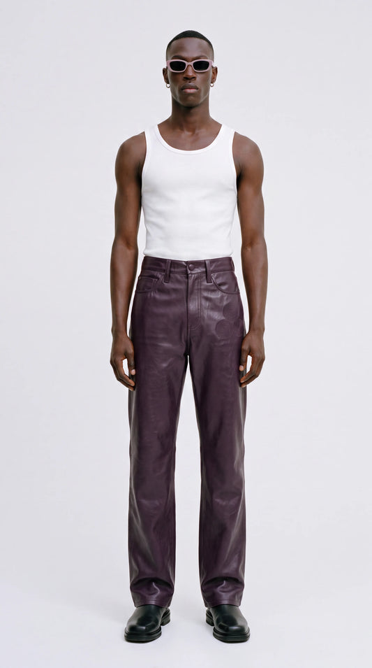 The Noir Flare — Spiral-Embroidered Leather Wide-Leg Jeans (Unisex)