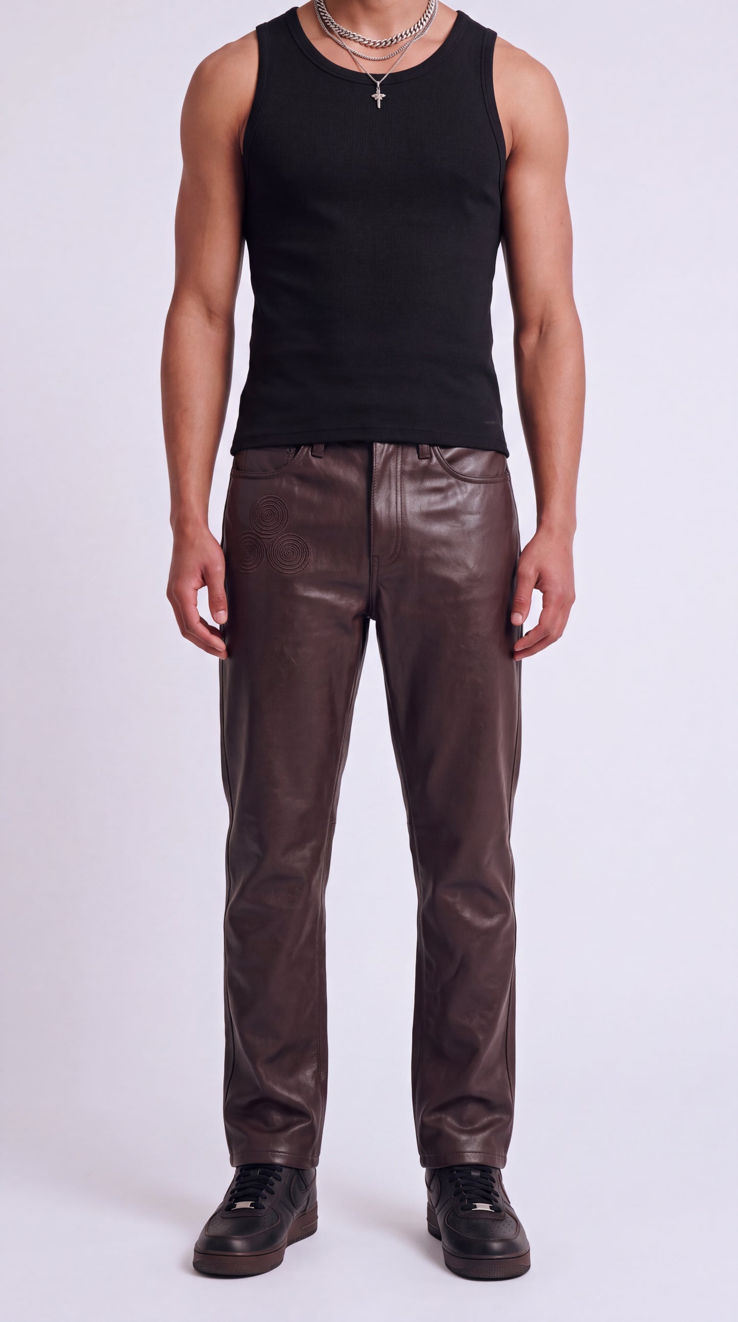 The Noir Femme — Spiral-Embroidered Leather Slim Jeans (Unisex)