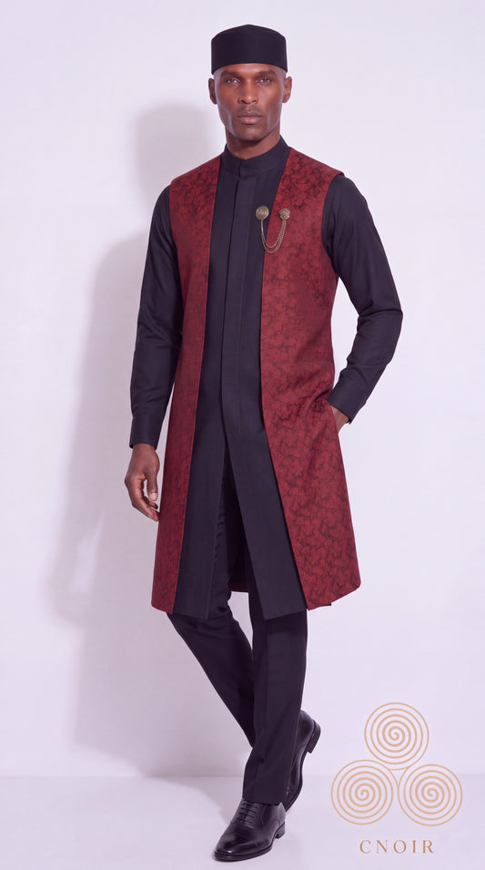 Black Crimson Longline-Gilet Kaftan Set