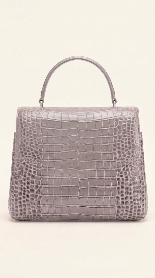 Kelvedon top-handle handbag in dove grey, back view