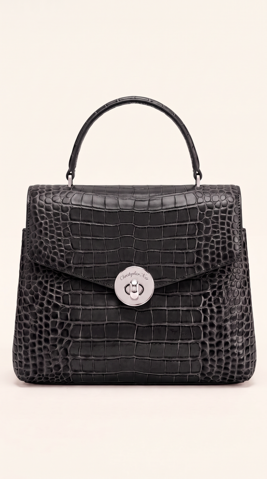 The Noir Period — Black Croc-Embossed Leather Handbag — Jet Black