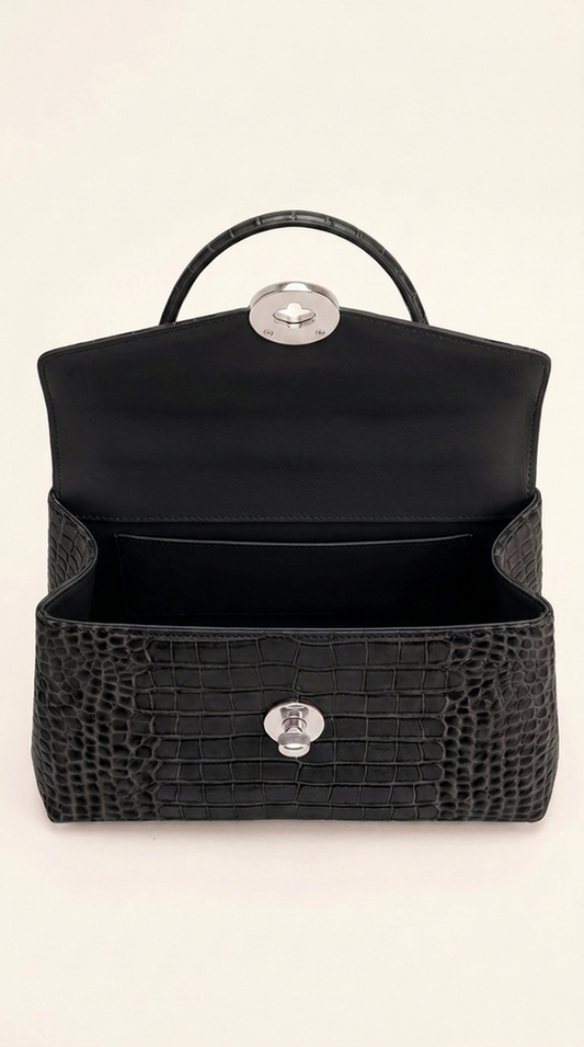The Noir Period — Black Croc-Embossed Leather Handbag — view 2