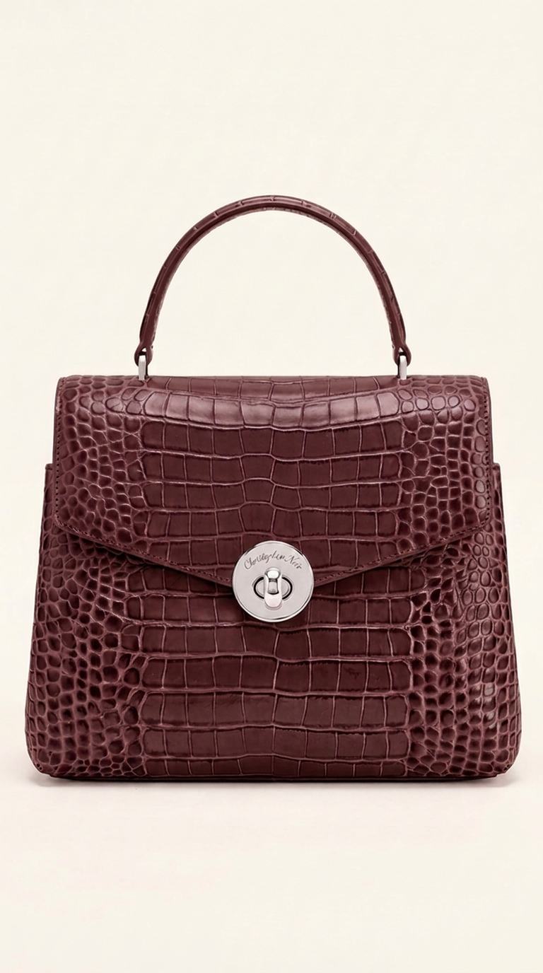 Kelvedon croc-embossed leather top-handle handbag in oxblood burgundy, front view