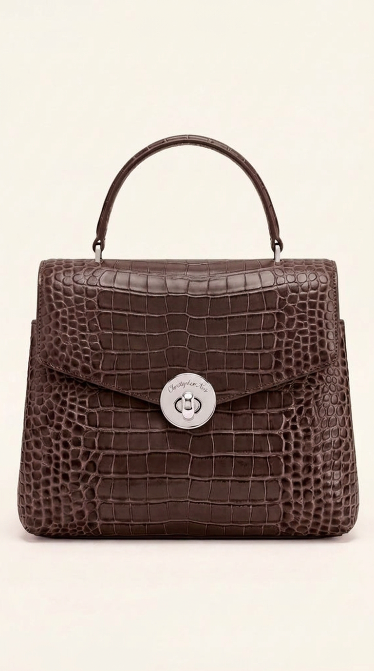 Kelvedon croc-embossed leather top-handle handbag in chocolate brown, front view
