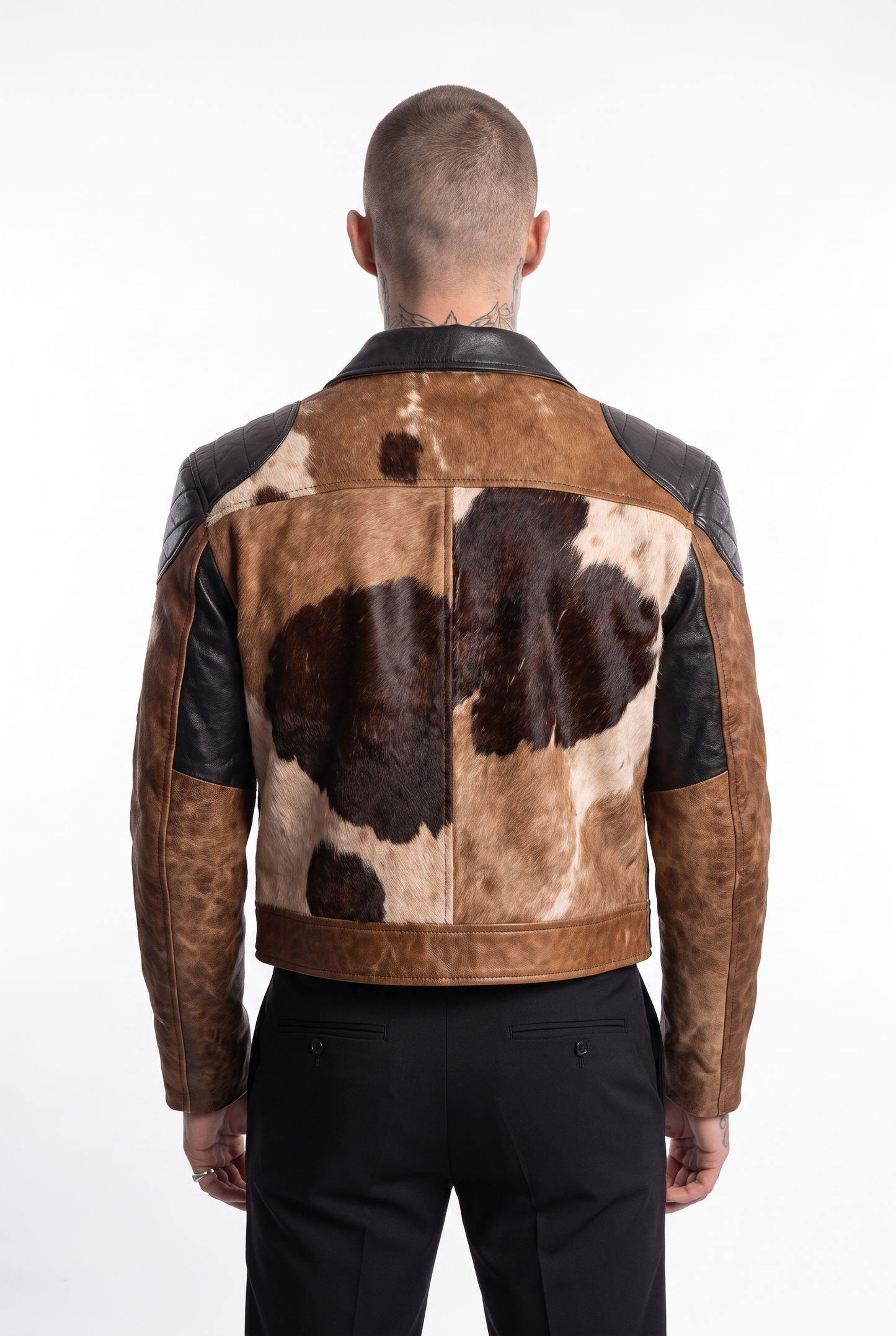 Christopher Noir men's cow hide jacket in tan and brown with black leather panels - back view
