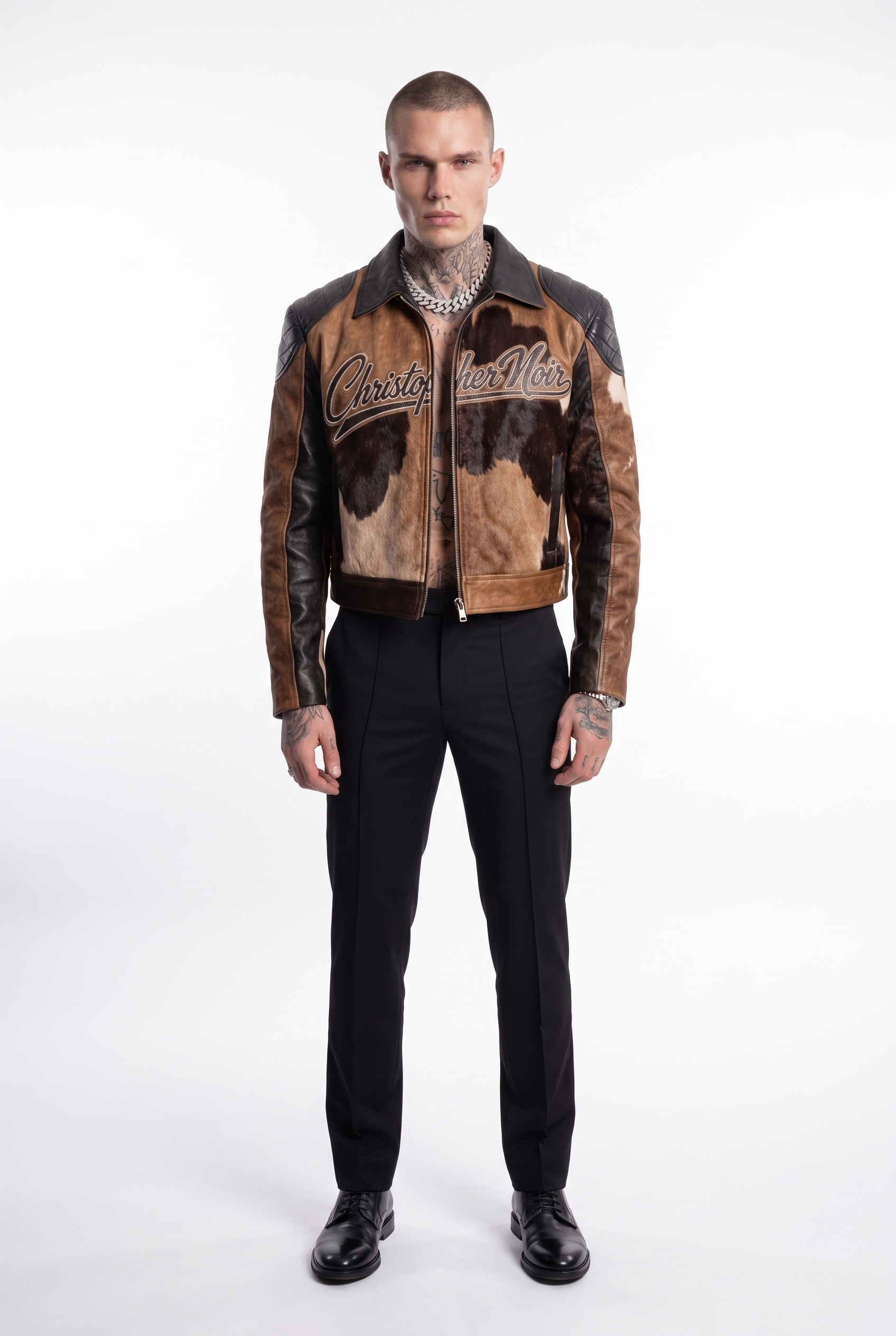 Christopher Noir men's cow hide jacket - full-length styled view worn with black tailored trousers