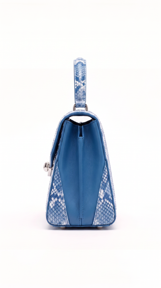 The Noir Period Azurine — Blue Python-Print Top-Handle Bag — Azure Python