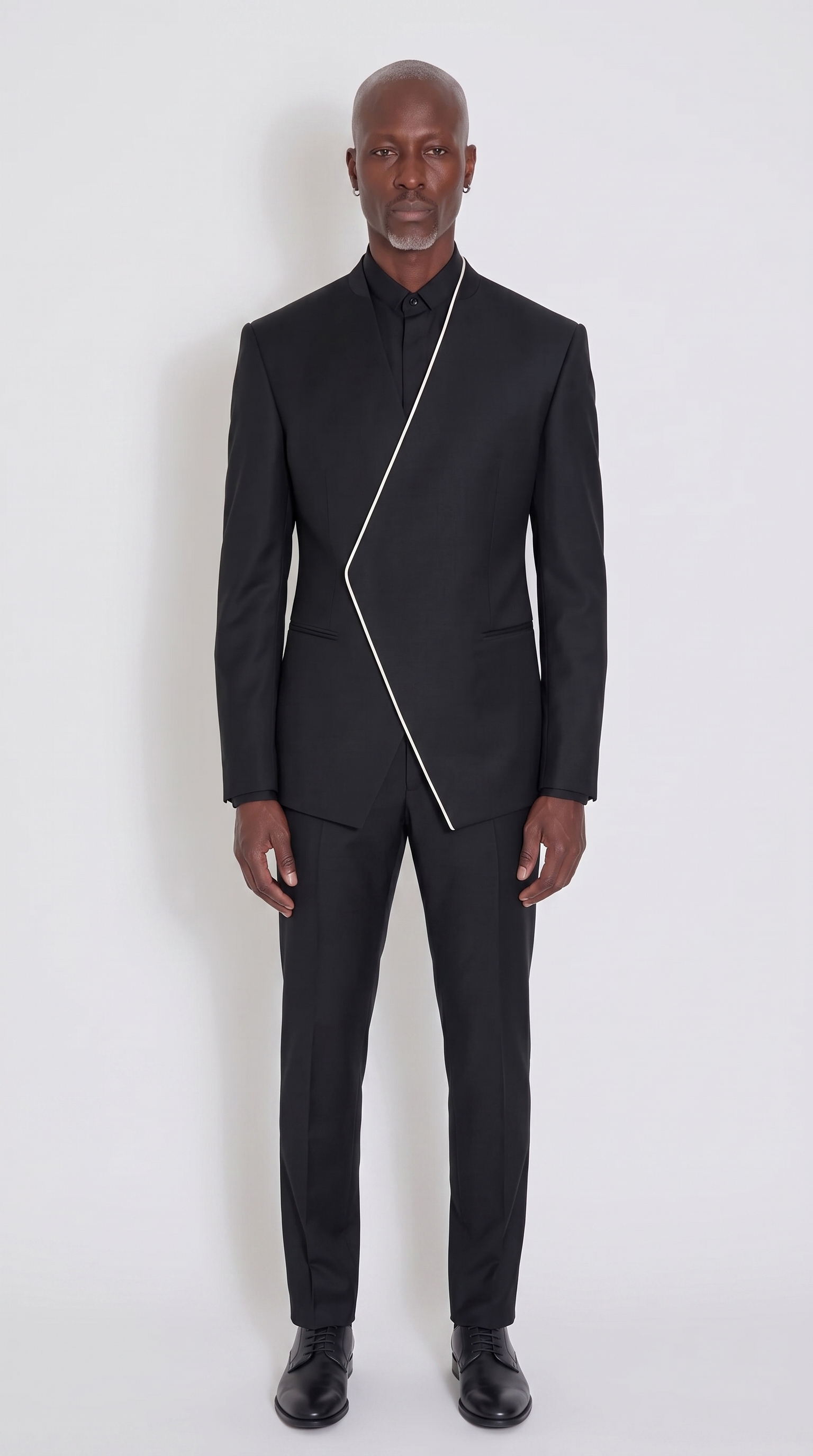 The Noir Blade Suit — jet black collarless diagonal closure suit