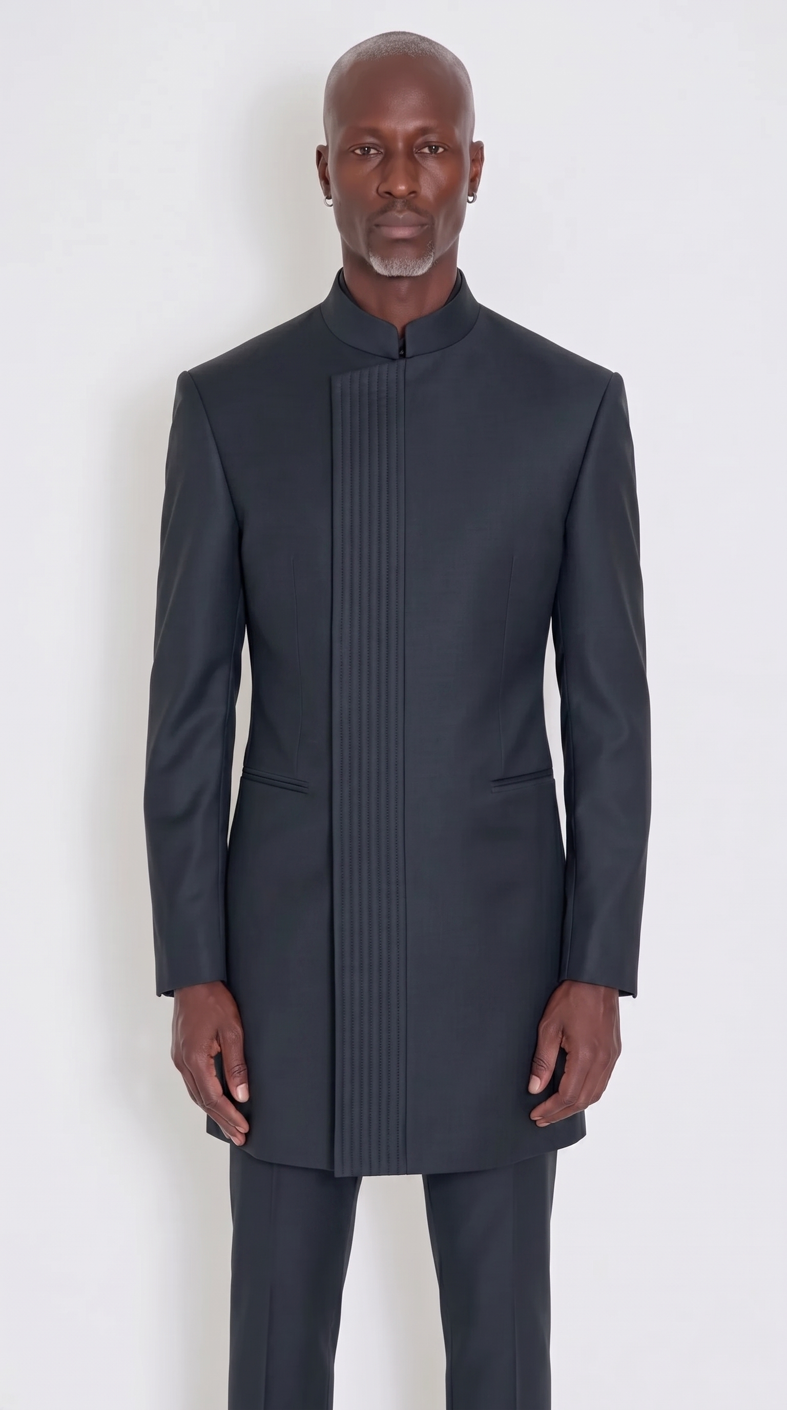 The Noir Aegis Suit — ink graphite channel-stitched mandarin collar suit