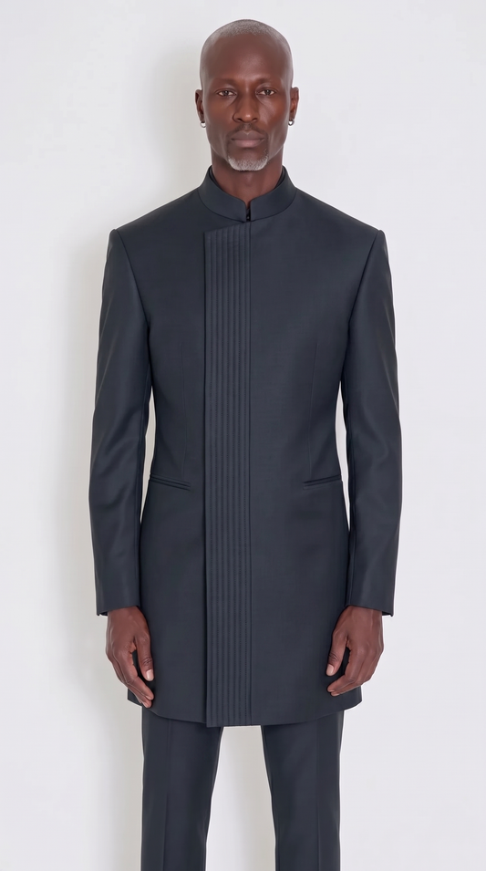 The Noir Aegis Suit — ink graphite channel-stitched mandarin collar suit