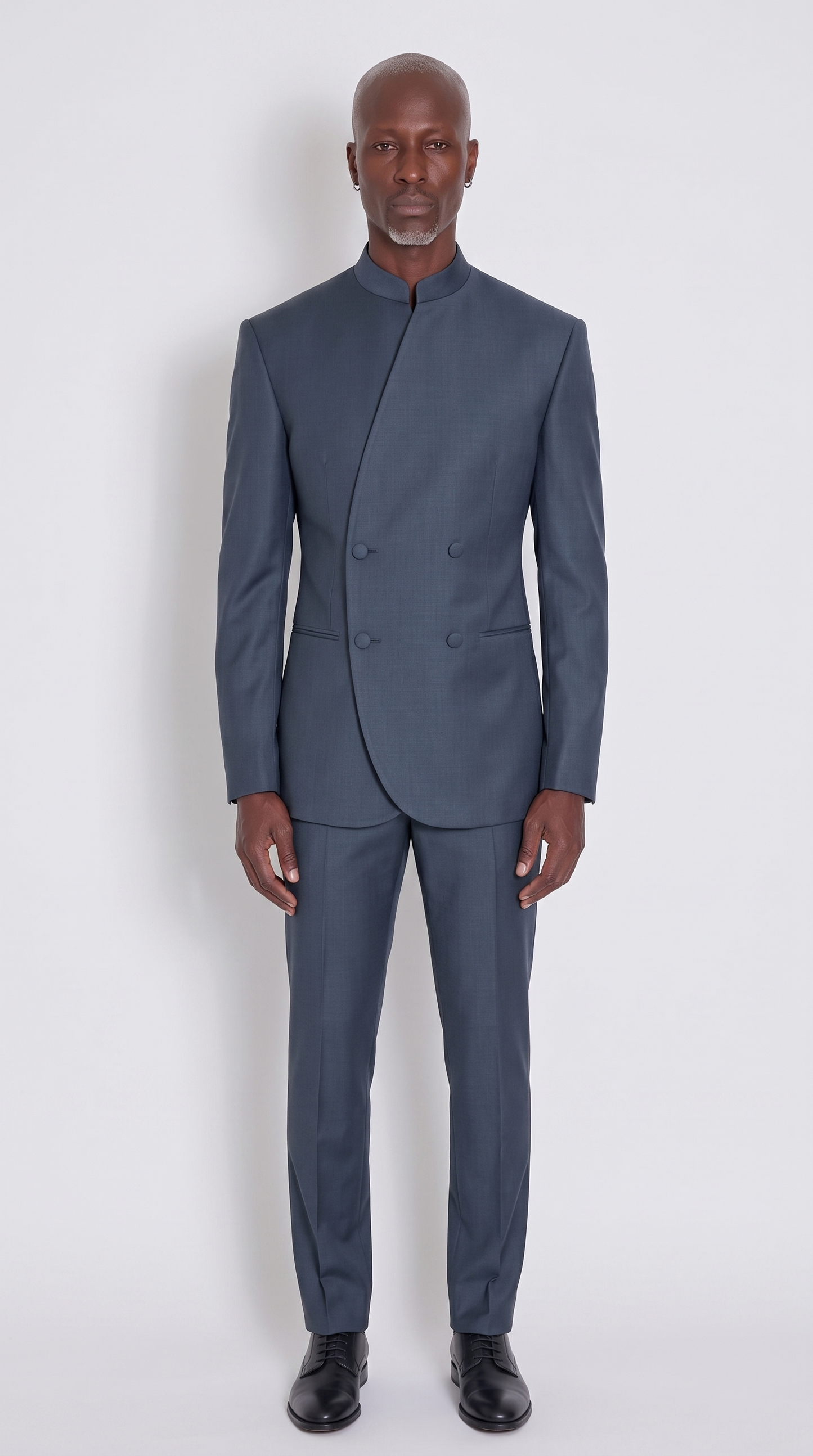 The Noir Consul Suit — dark slate double-breasted mandarin collar suit