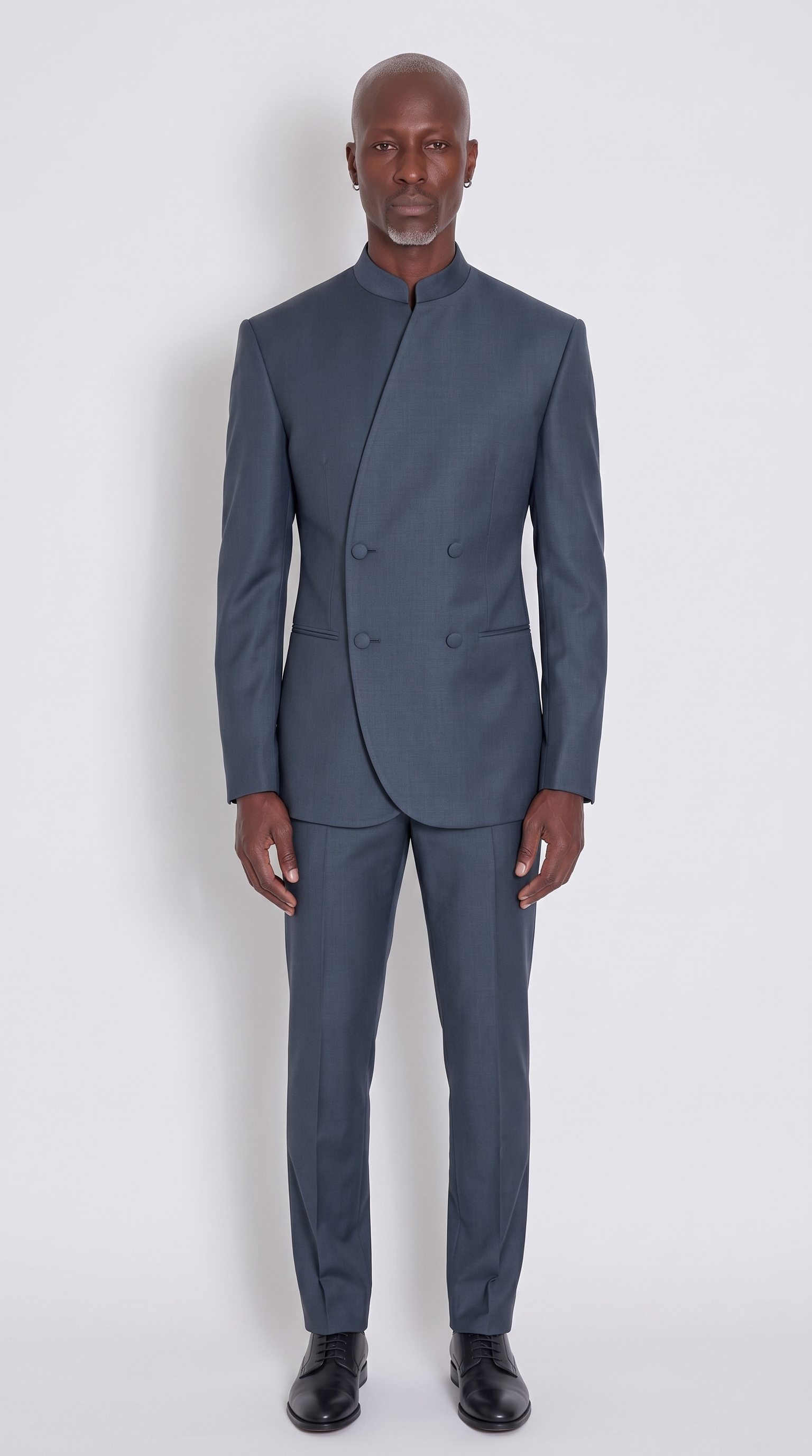 The Noir Consul Suit — dark slate double-breasted mandarin collar suit