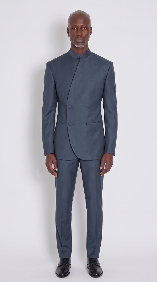 The Noir Consul Suit — dark slate double-breasted mandarin collar suit
