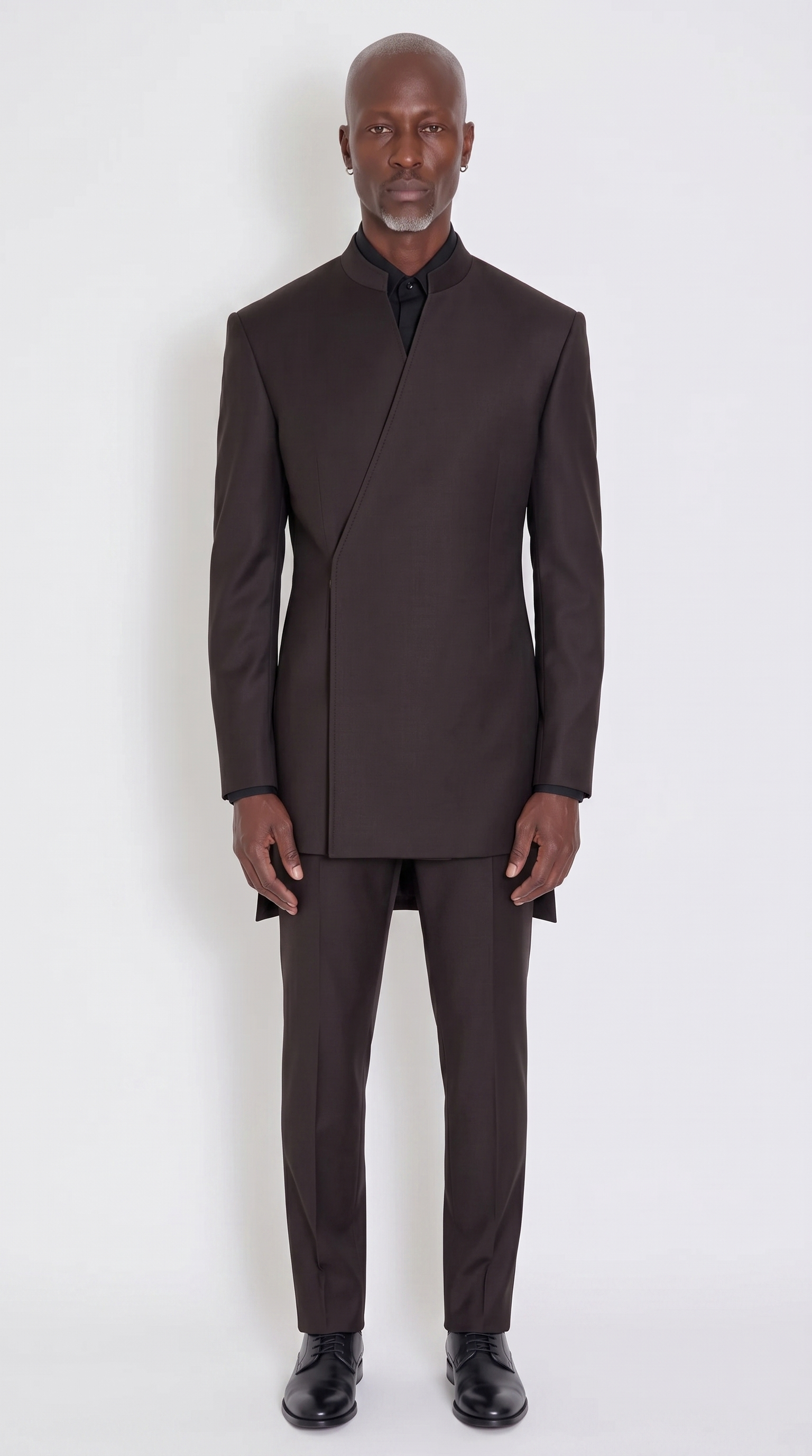 The Noir Vesper Suit — espresso side-fastened wrap suit