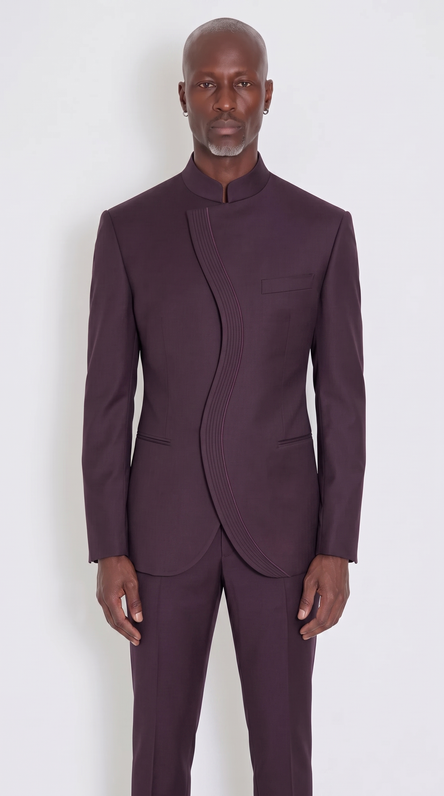 The Noir Serpentine Suit — aubergine S-curve mandarin collar suit