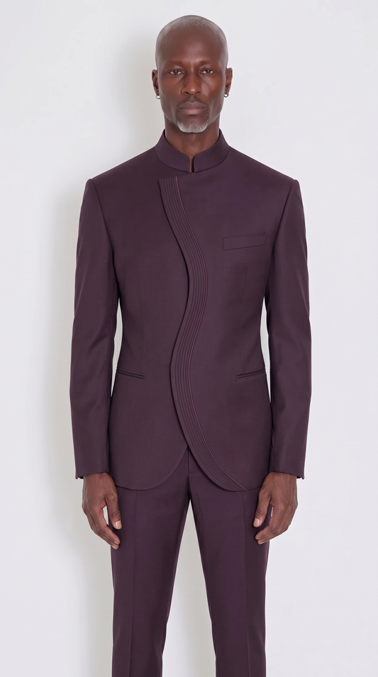 The Noir Serpentine Suit — aubergine S-curve mandarin collar suit