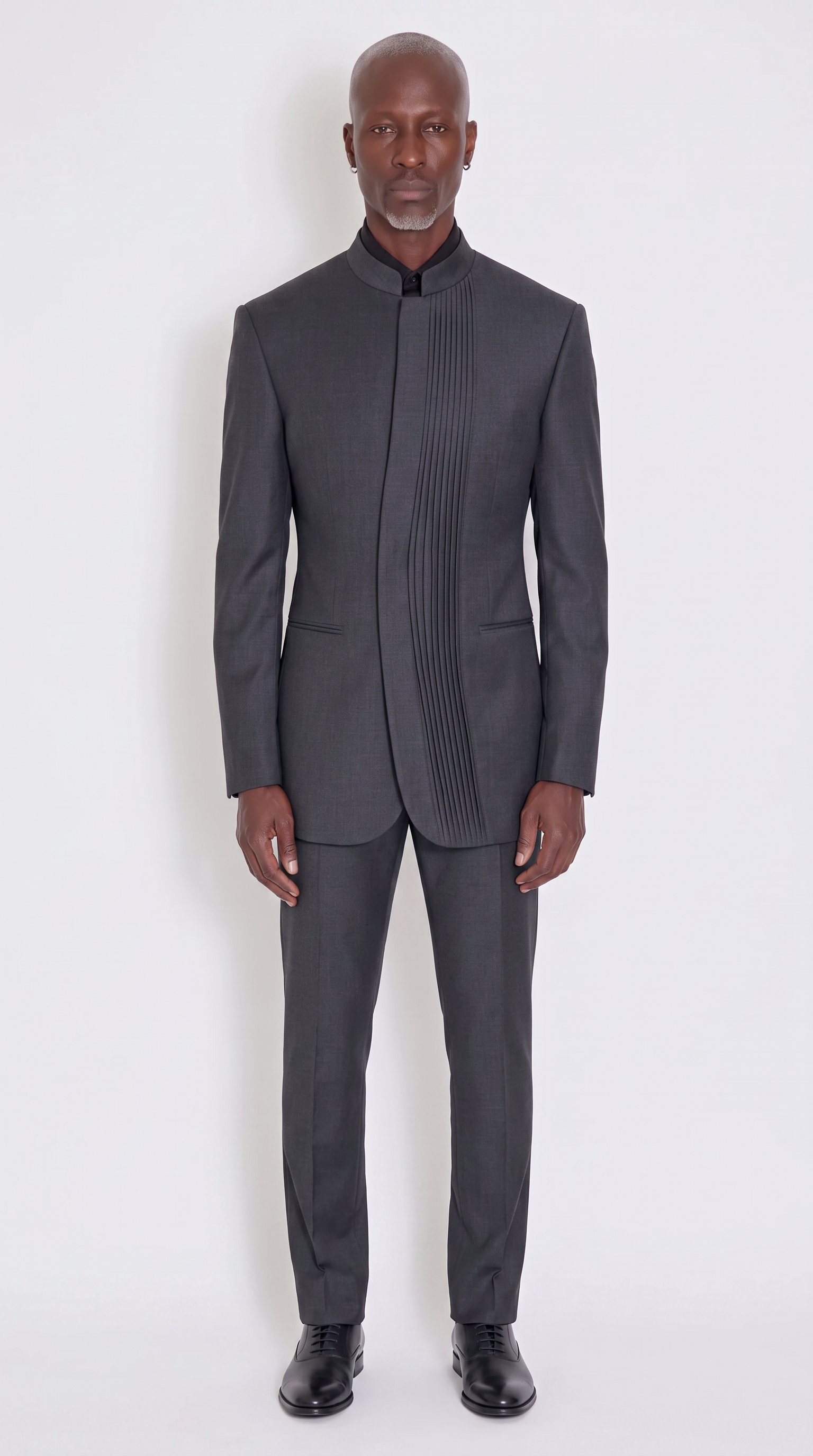 The Noir Cadence Suit — charcoal knife-pleat mandarin collar suit