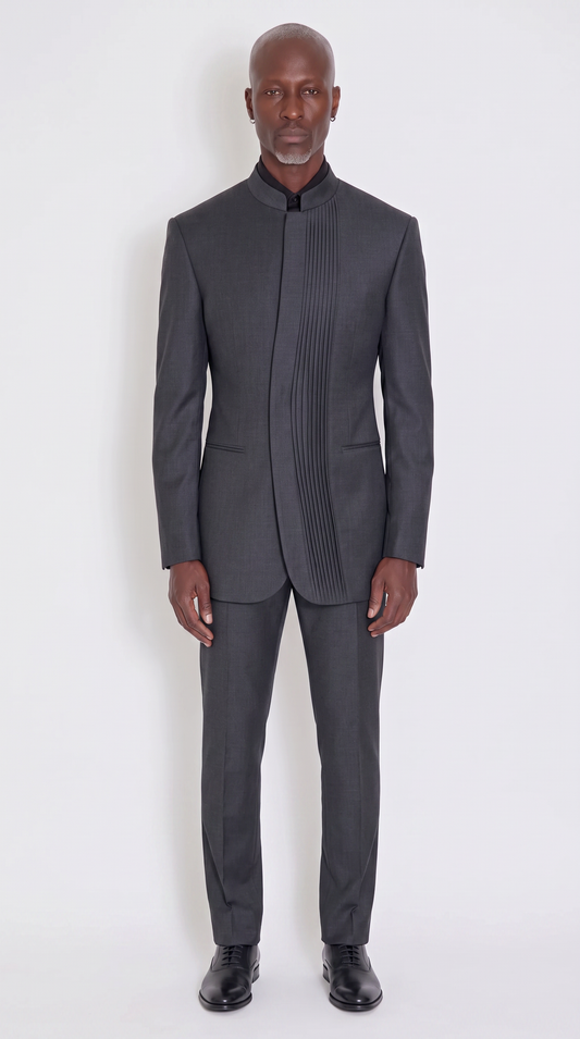 The Noir Cadence Suit — charcoal knife-pleat mandarin collar suit