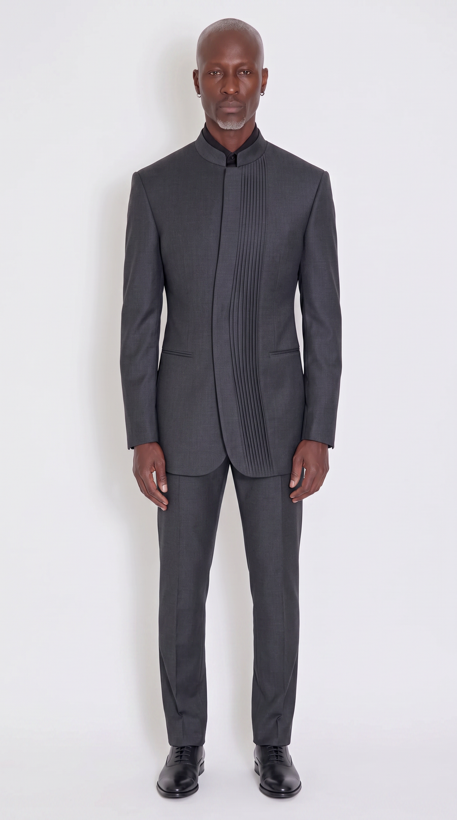 The Noir Cadence Suit — charcoal knife-pleat mandarin collar suit