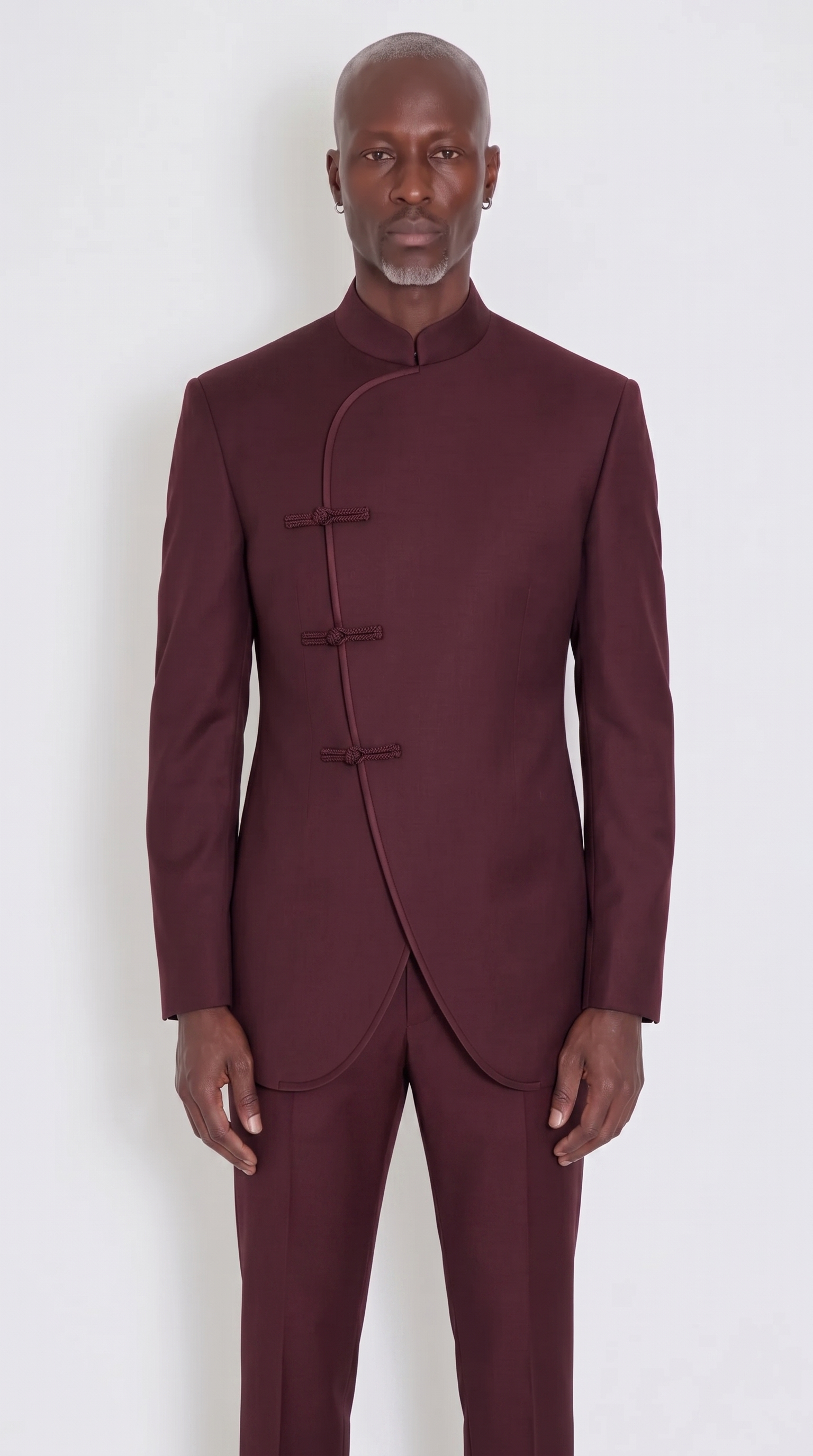 The Noir Regalia Suit — oxblood frog-closure Nehru collar suit