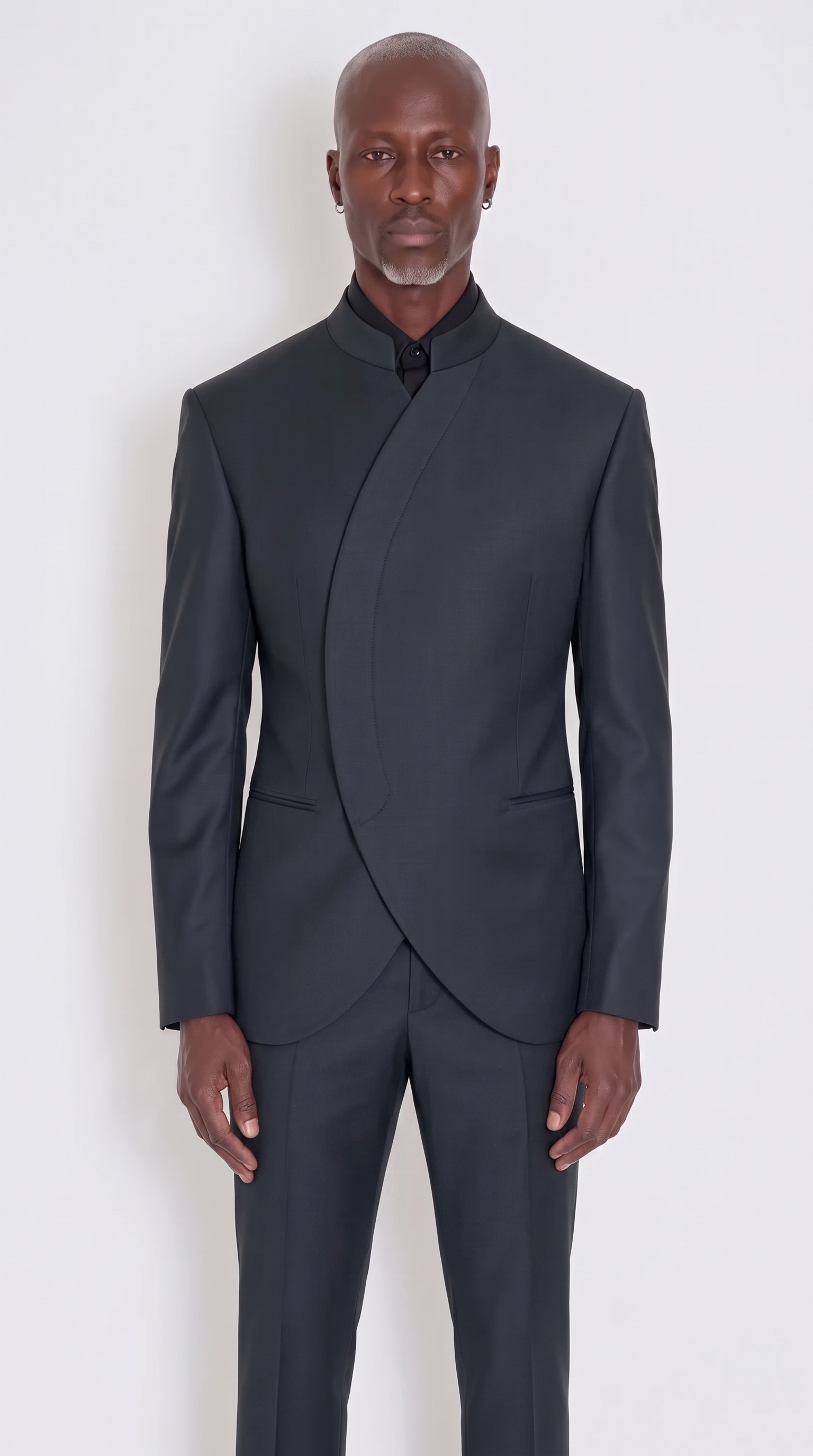 The Noir Spiral Suit — obsidian black circular-arc mandarin collar suit