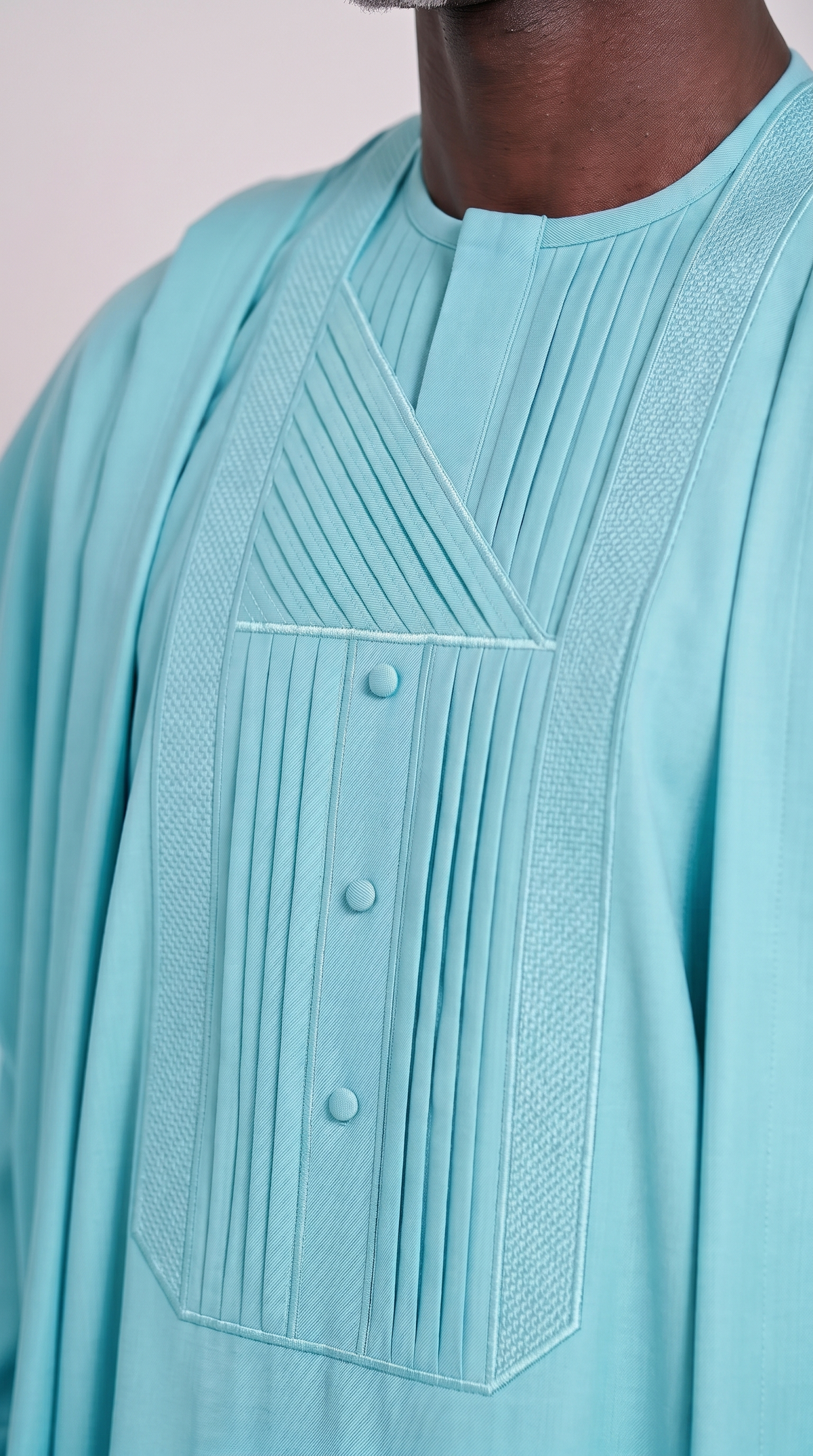 Noir Seafoam Agbada — aqua men's agbada set, close-up of the chest detail
