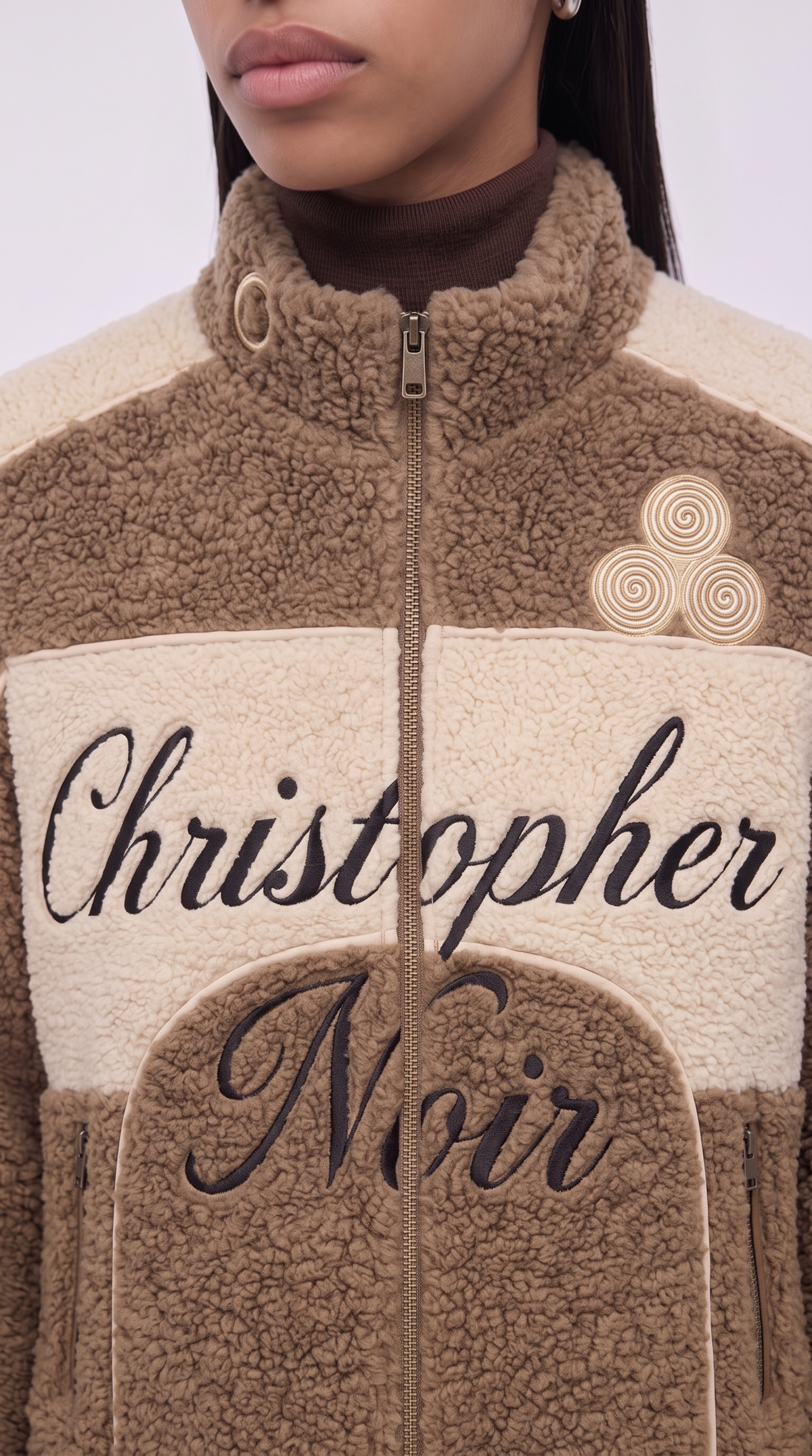 The Noir Gigha — Camel Teddy Signature Racer Jacket – detail close-up, Christopher Noir