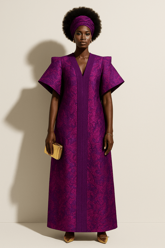 Hot Pink and Purple African Damask Brocade Bubu Boubou Elegant Event Dress - CNOIR