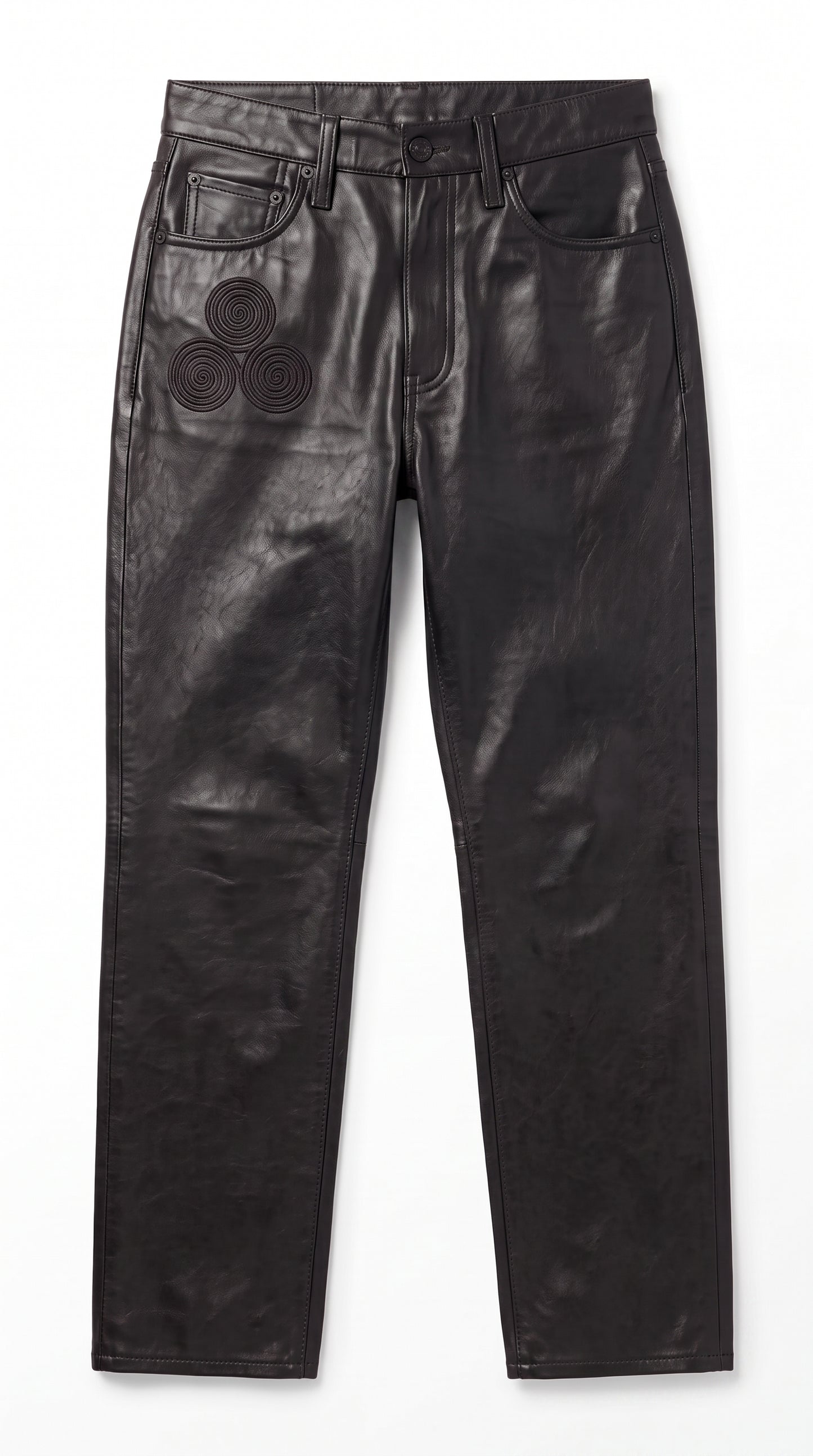 The Noir Femme — Spiral-Embroidered Leather Slim Jeans (Unisex)