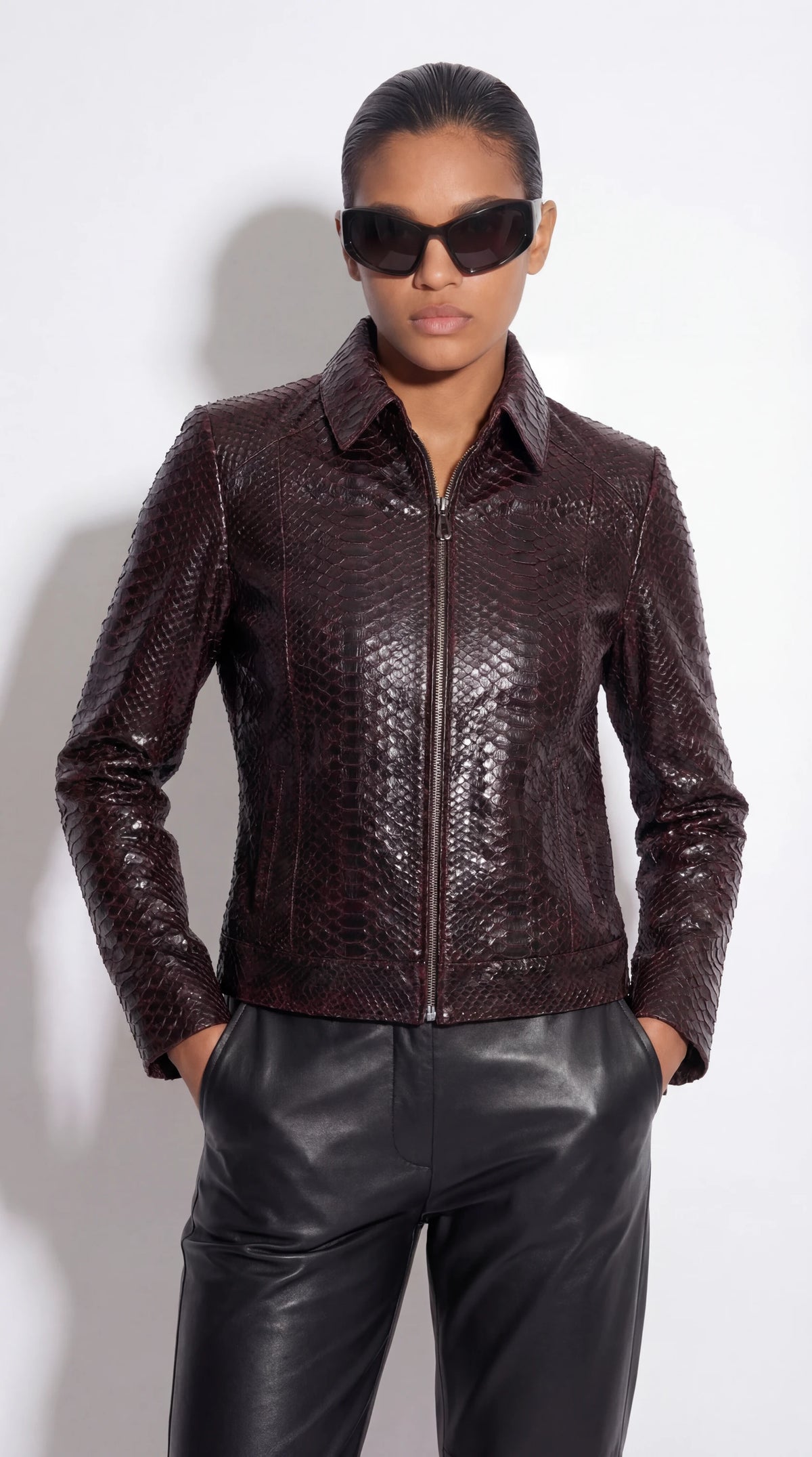 The Noir Jura oxblood python-embossed leather zip jacket by Christopher Noir, front view