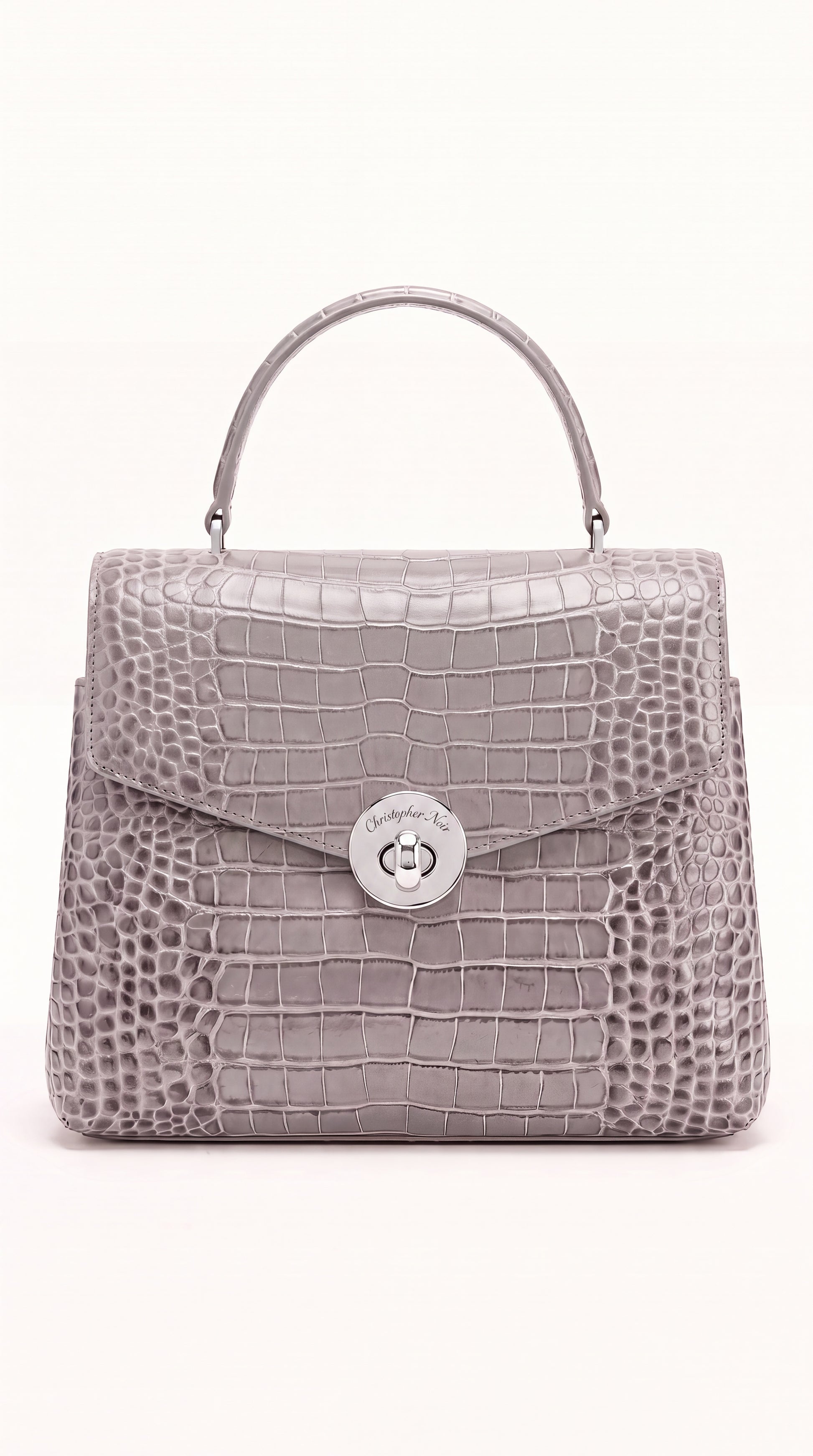 The Noir Kelvedon croc-embossed leather handbag in dove grey, front view