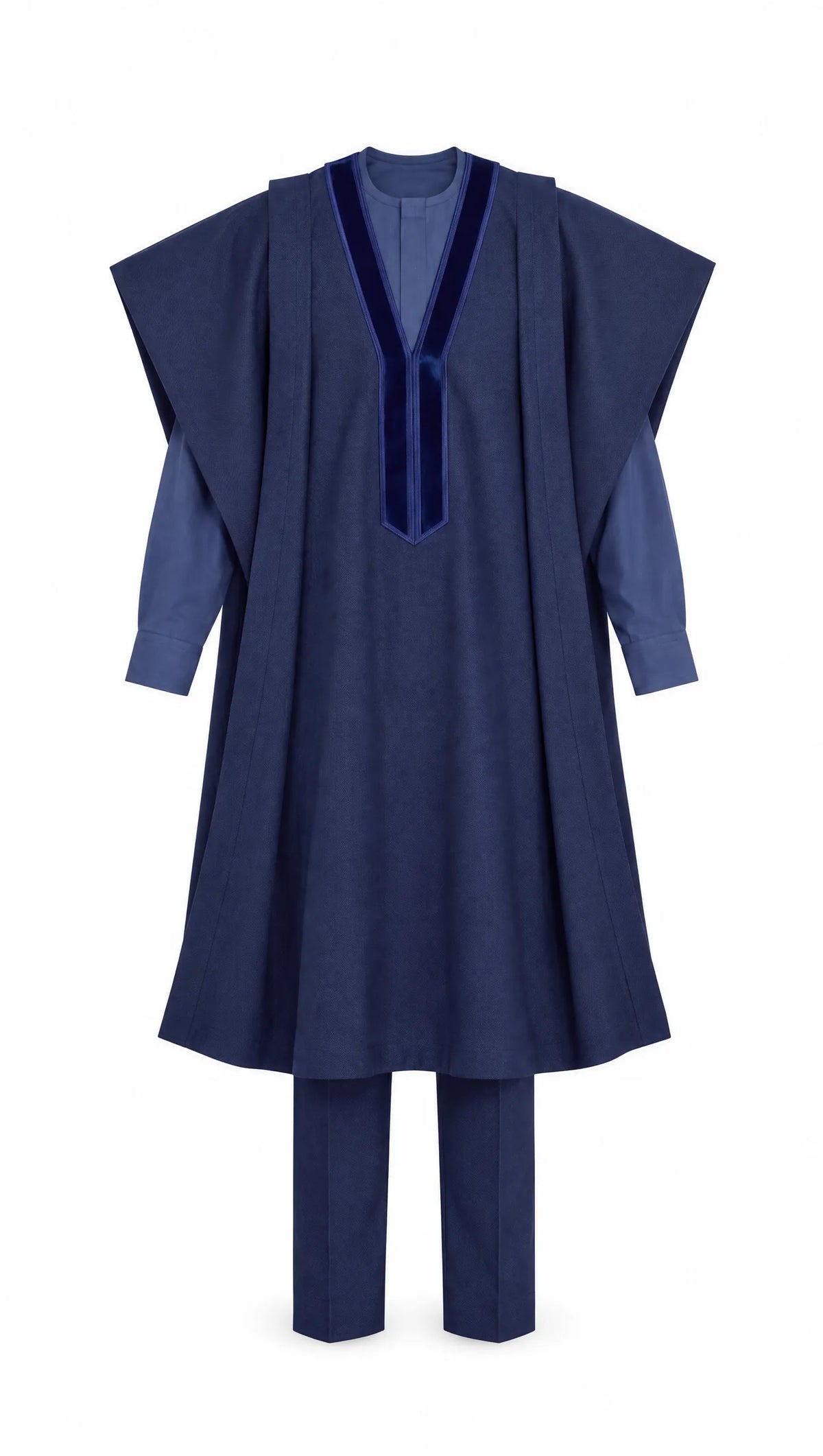 Noir Abyss Agbada — deep navy men's agbada set, front flat-lay on white