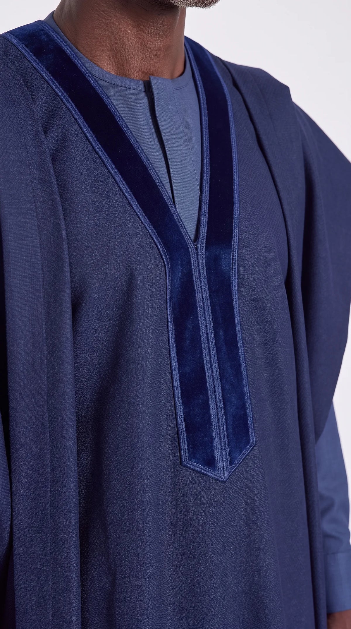 Noir Abyss Agbada — deep navy men's agbada set, close-up of the chest detail